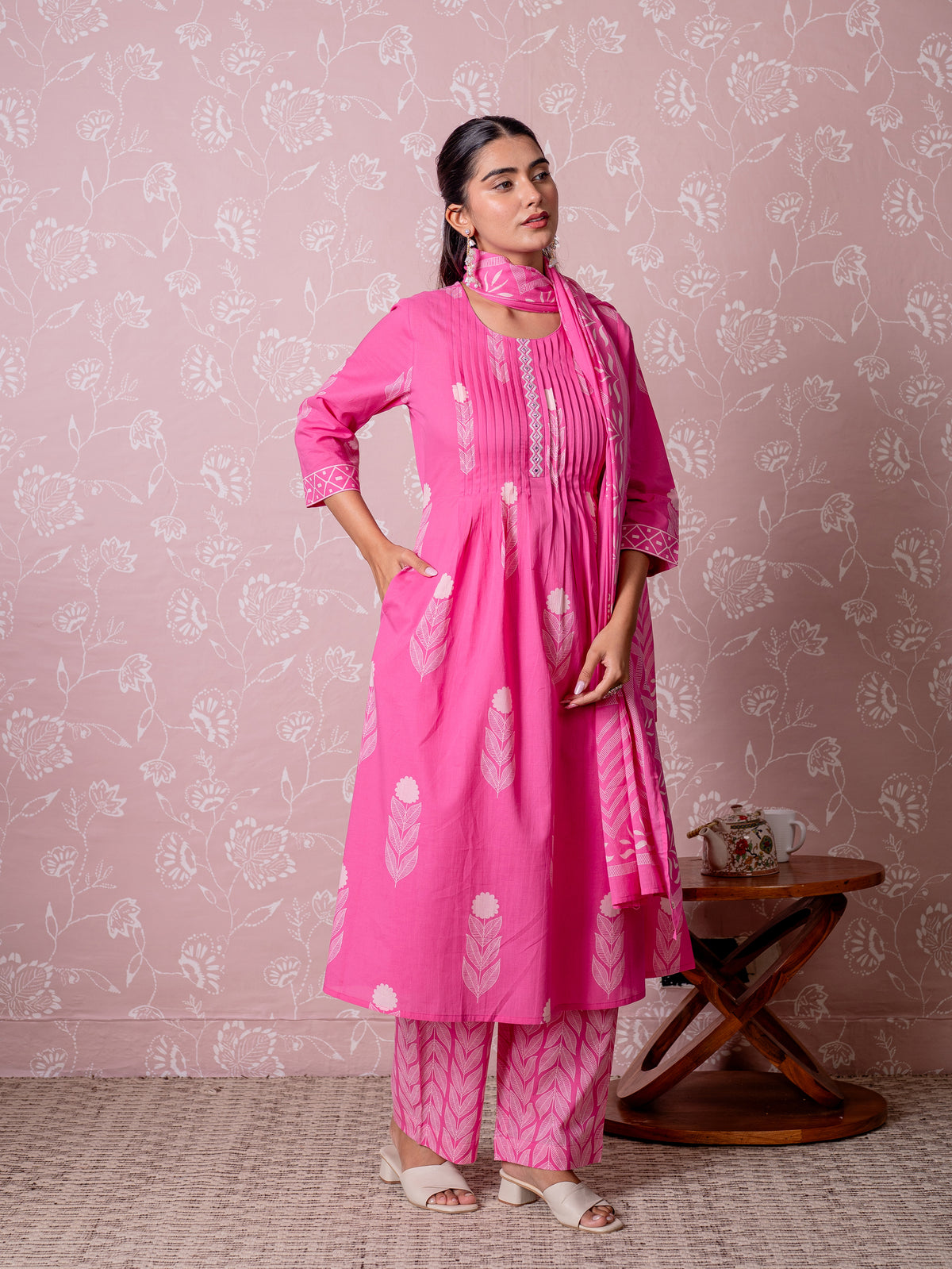 Embroidered Soft Cotton Butta Flared Pink Kurta