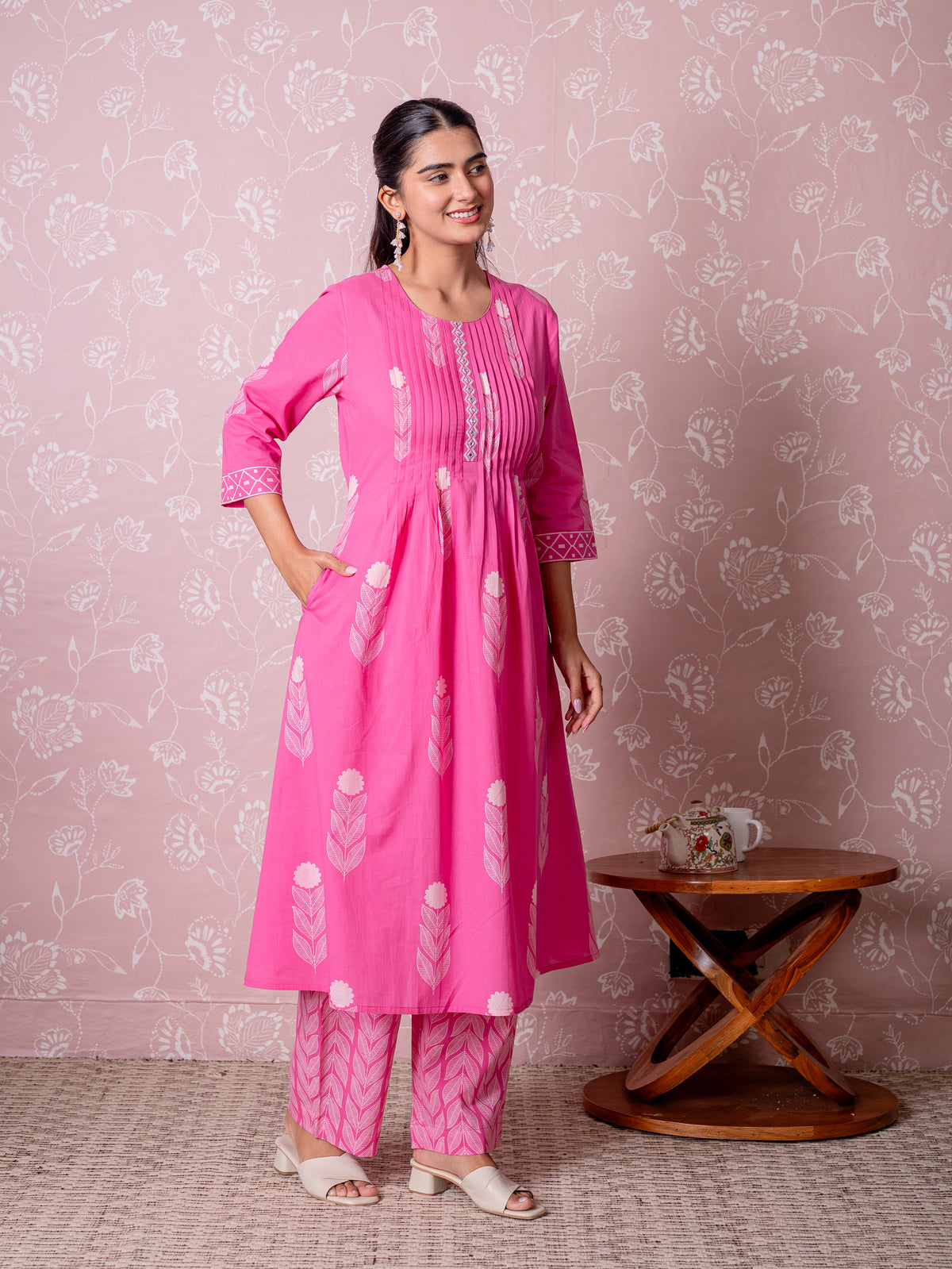 Embroidered Soft Cotton Butta Flared Pink Kurta