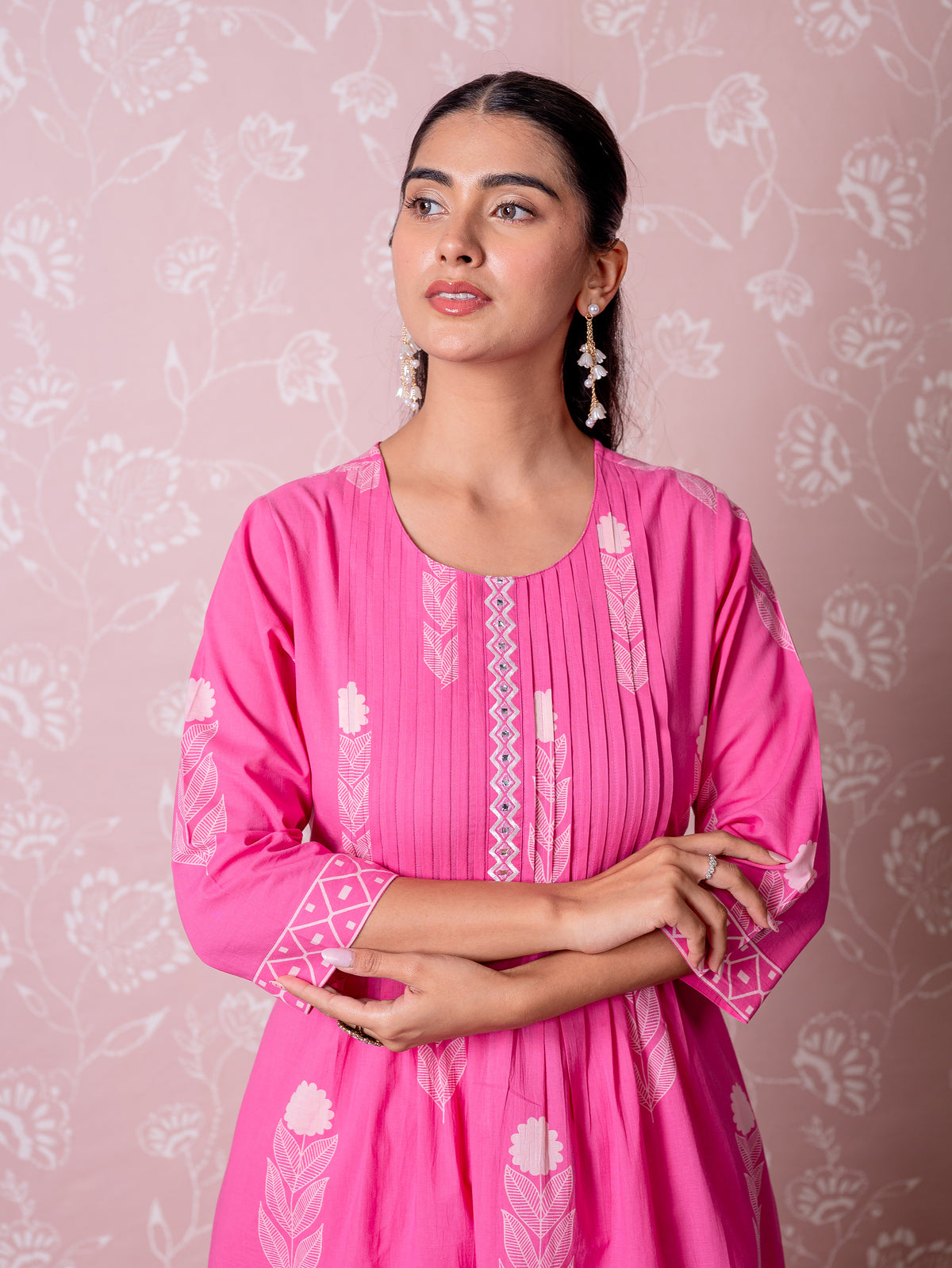 Embroidered Soft Cotton Butta Flared Pink Kurta