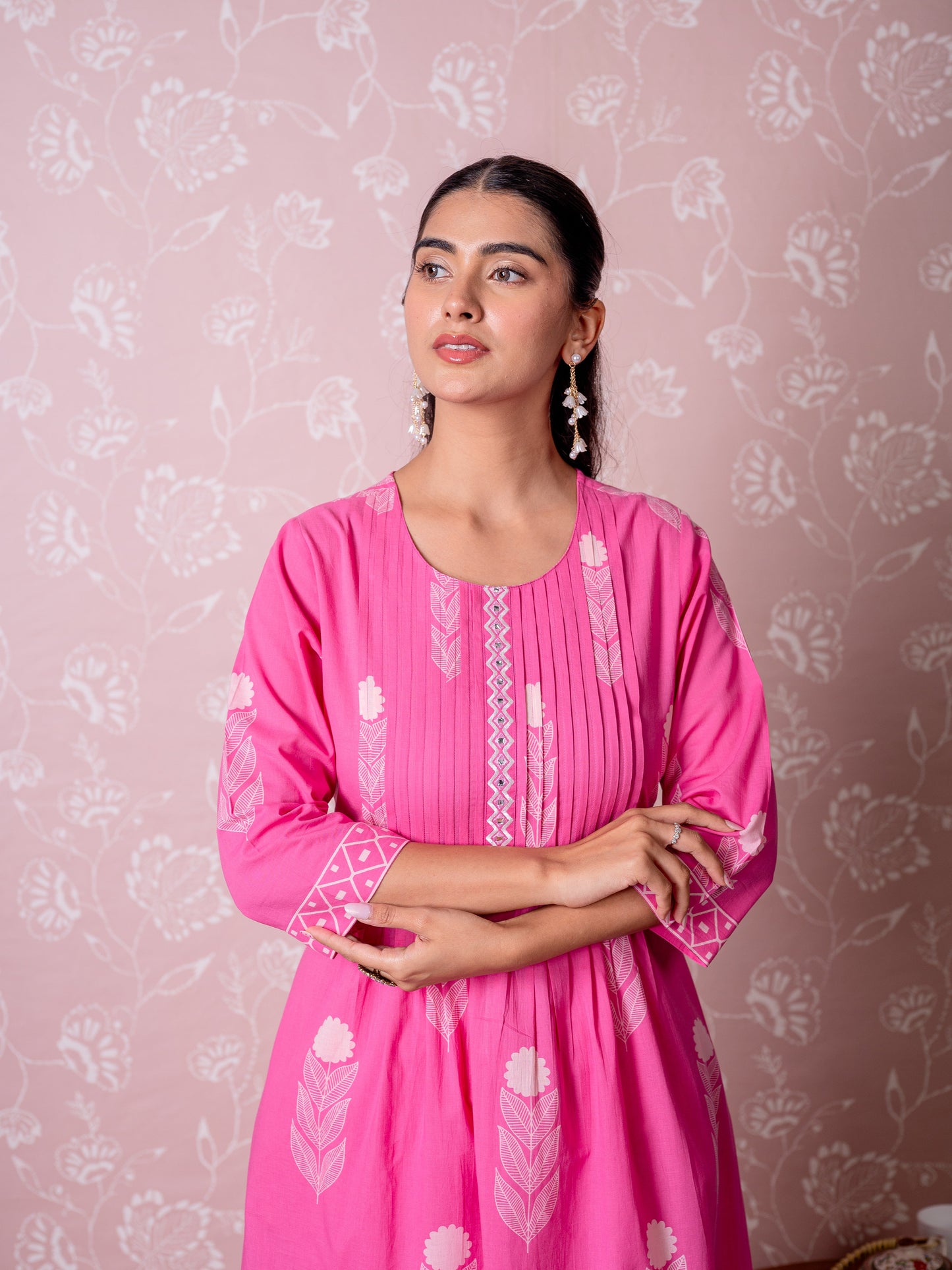 Embroidered Soft cotton Butta Flared Pink Kurta