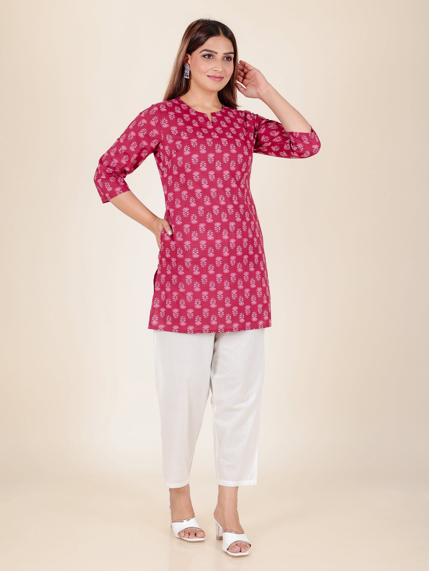 Soft Cotton Butti Straight Maroon Kurti