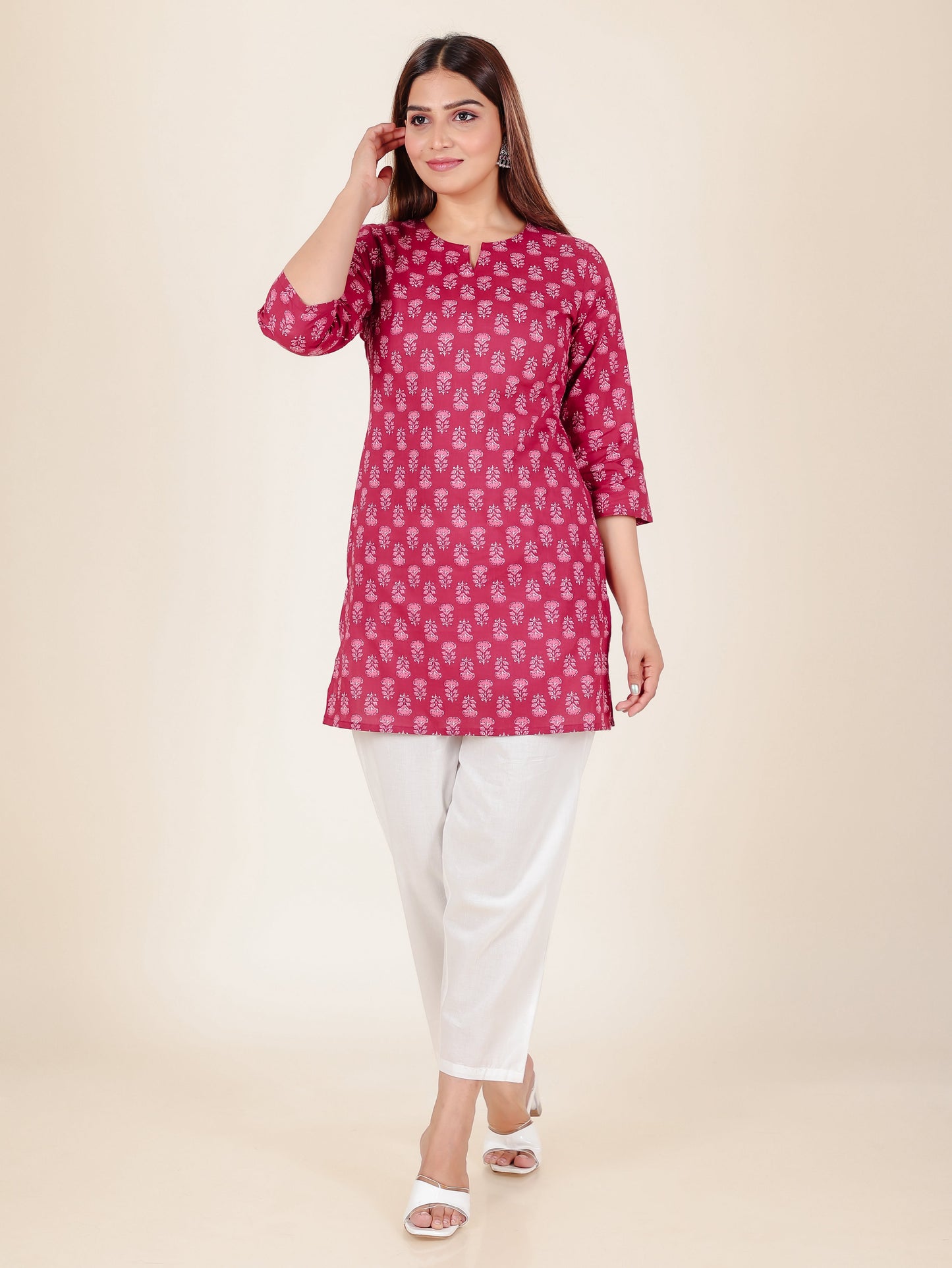 Soft Cotton Butti Straight Maroon Kurti