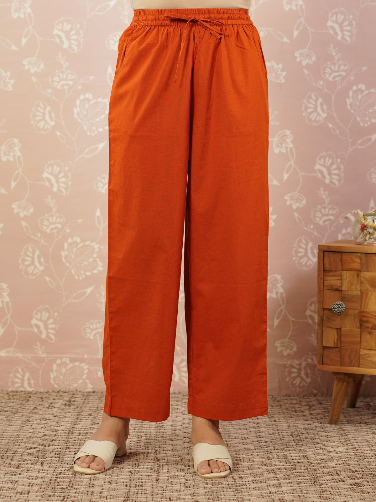 Soft Cotton Solid Rust Straight Trousers