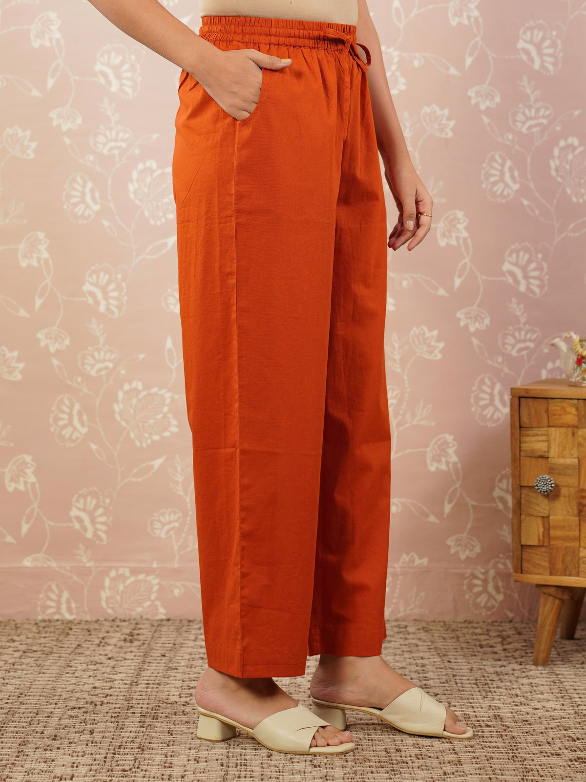 Soft Cotton Solid Rust Straight Trousers