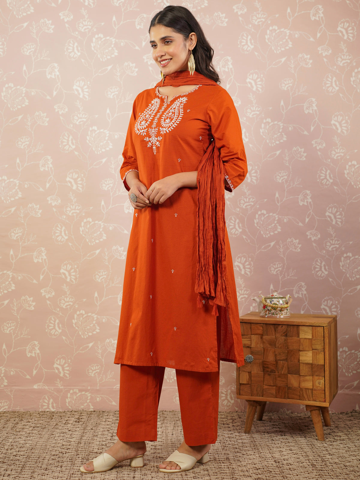 Embroidered Soft Cotton Solid Straight Rust Kurta