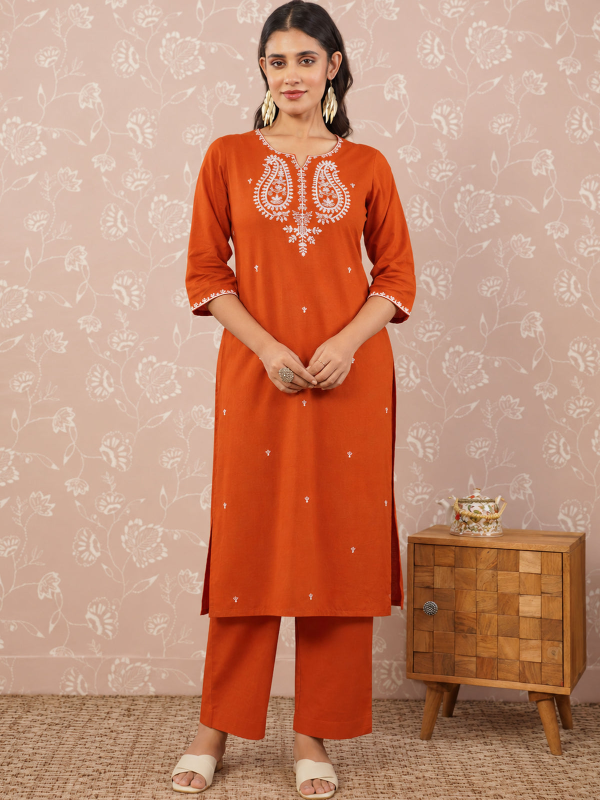 Embroidered Soft Cotton Solid Straight Rust Kurta