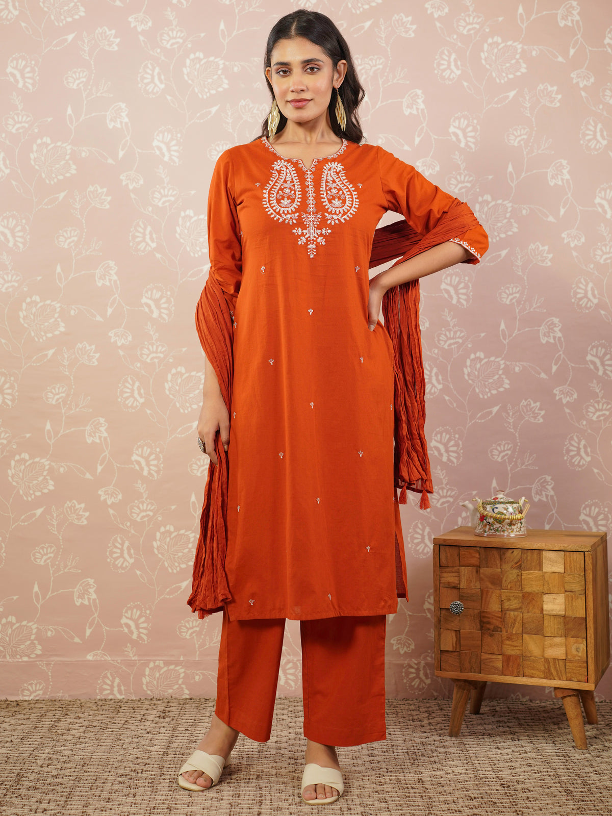 Embroidered Soft Cotton Solid Straight Rust Kurta