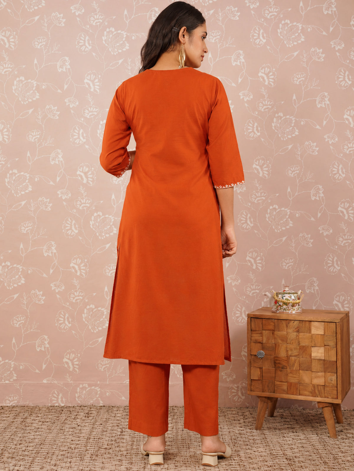 Embroidered Soft Cotton Solid Straight Rust Kurta