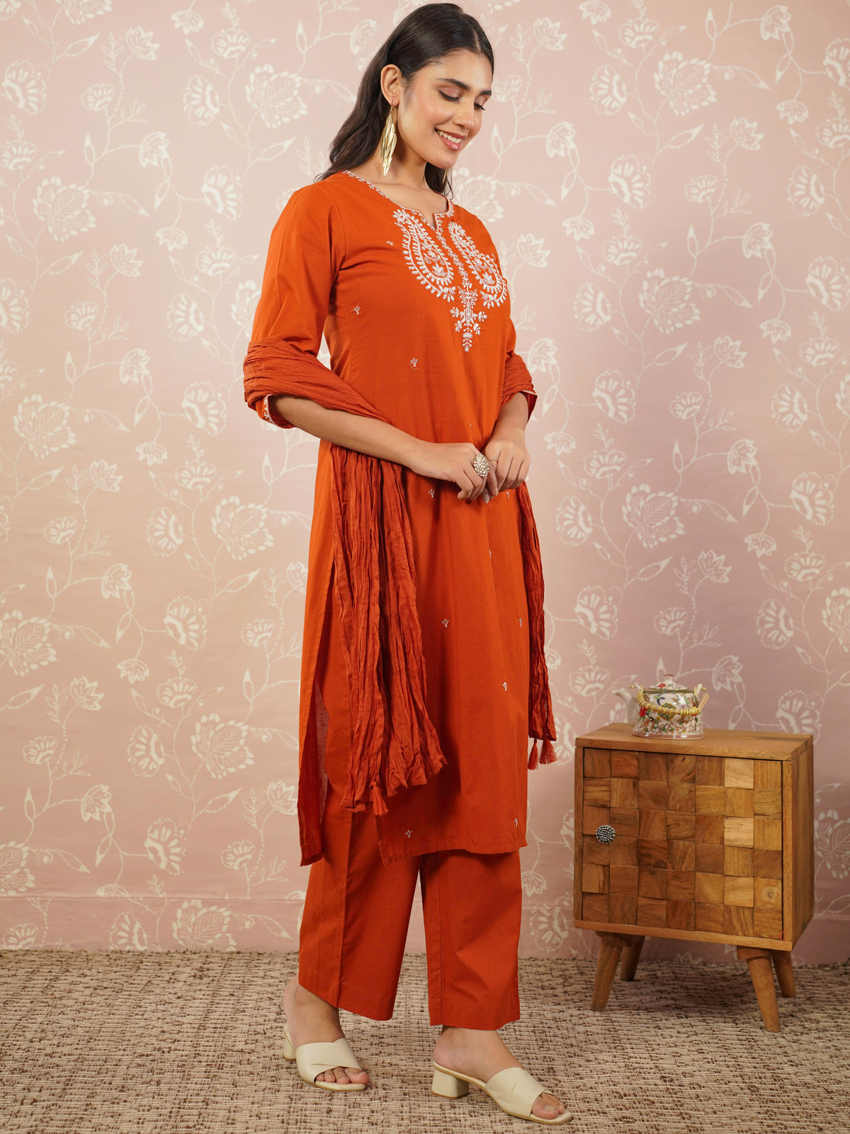 Embroidered Soft Cotton Solid Straight Rust Kurta