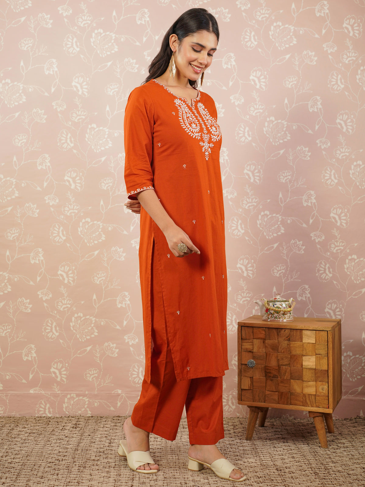Embroidered Soft Cotton Solid Straight Rust Kurta