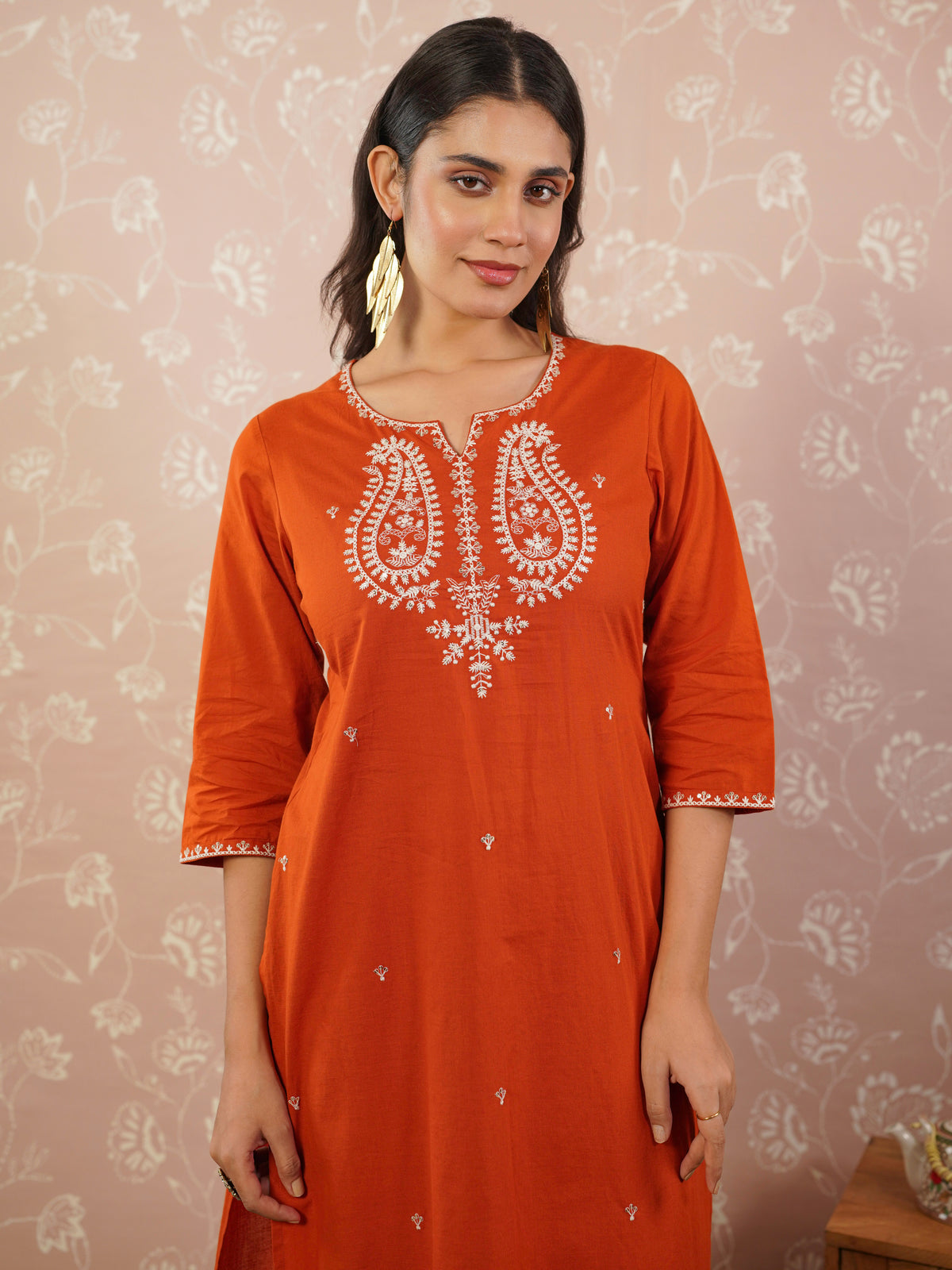 Embroidered Soft Cotton Solid Straight Rust Kurta