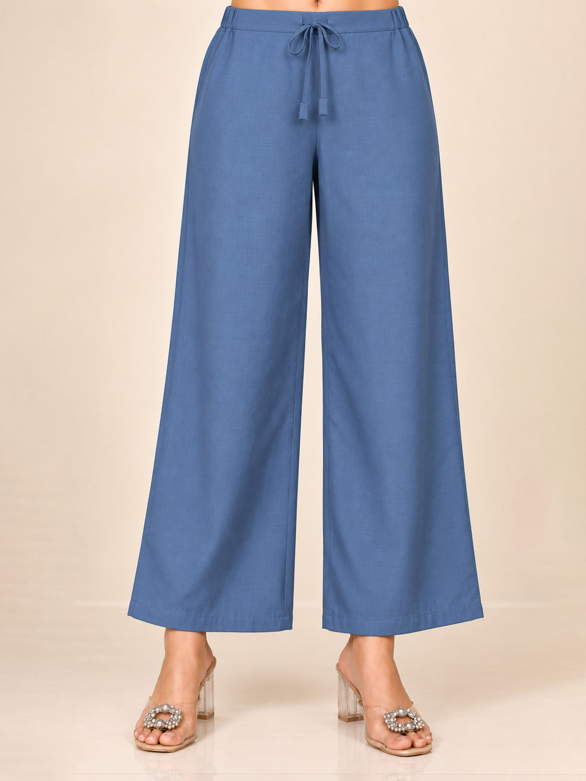 soft cotton solid blue straight trousers