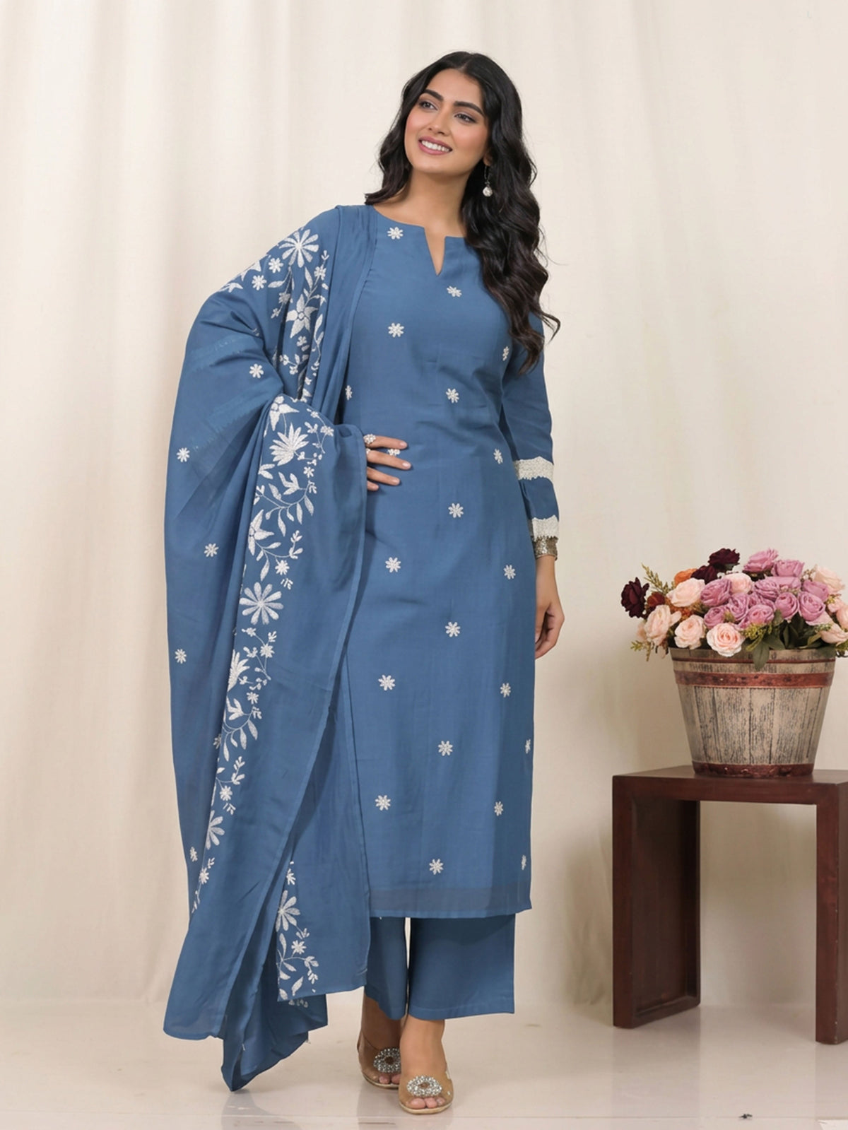 soft cotton butti straight blue kurta