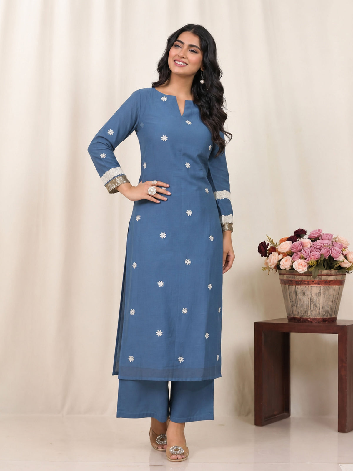soft cotton butti straight blue kurta