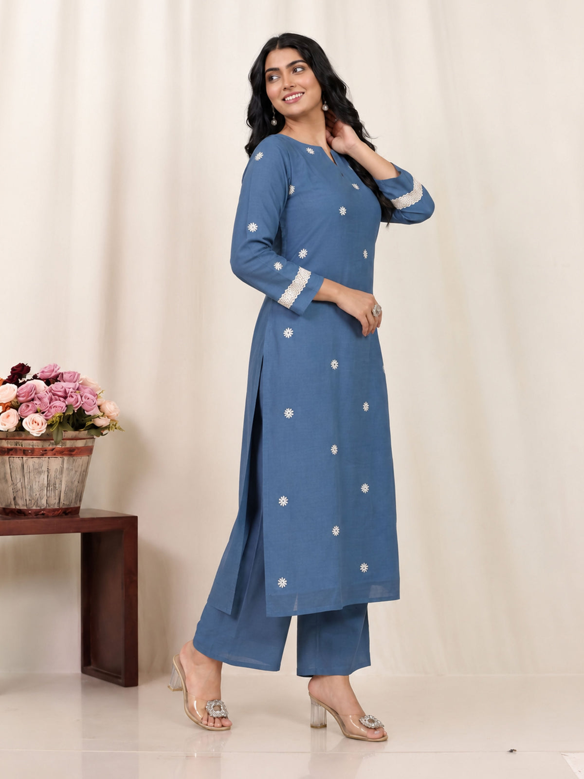 soft cotton butti straight blue kurta