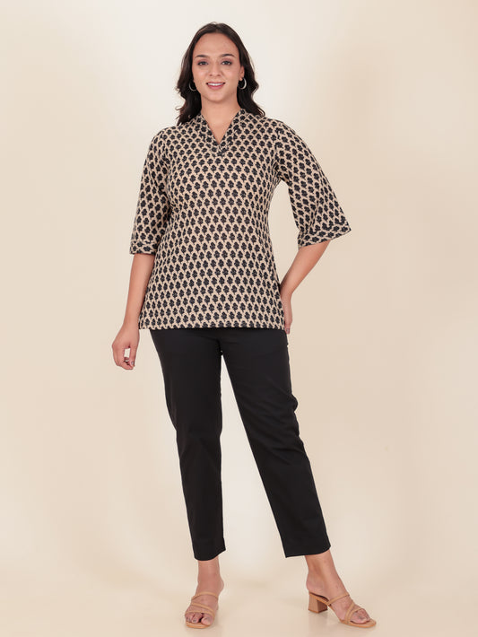 Soft Cotton Block Straight Beige Kurti