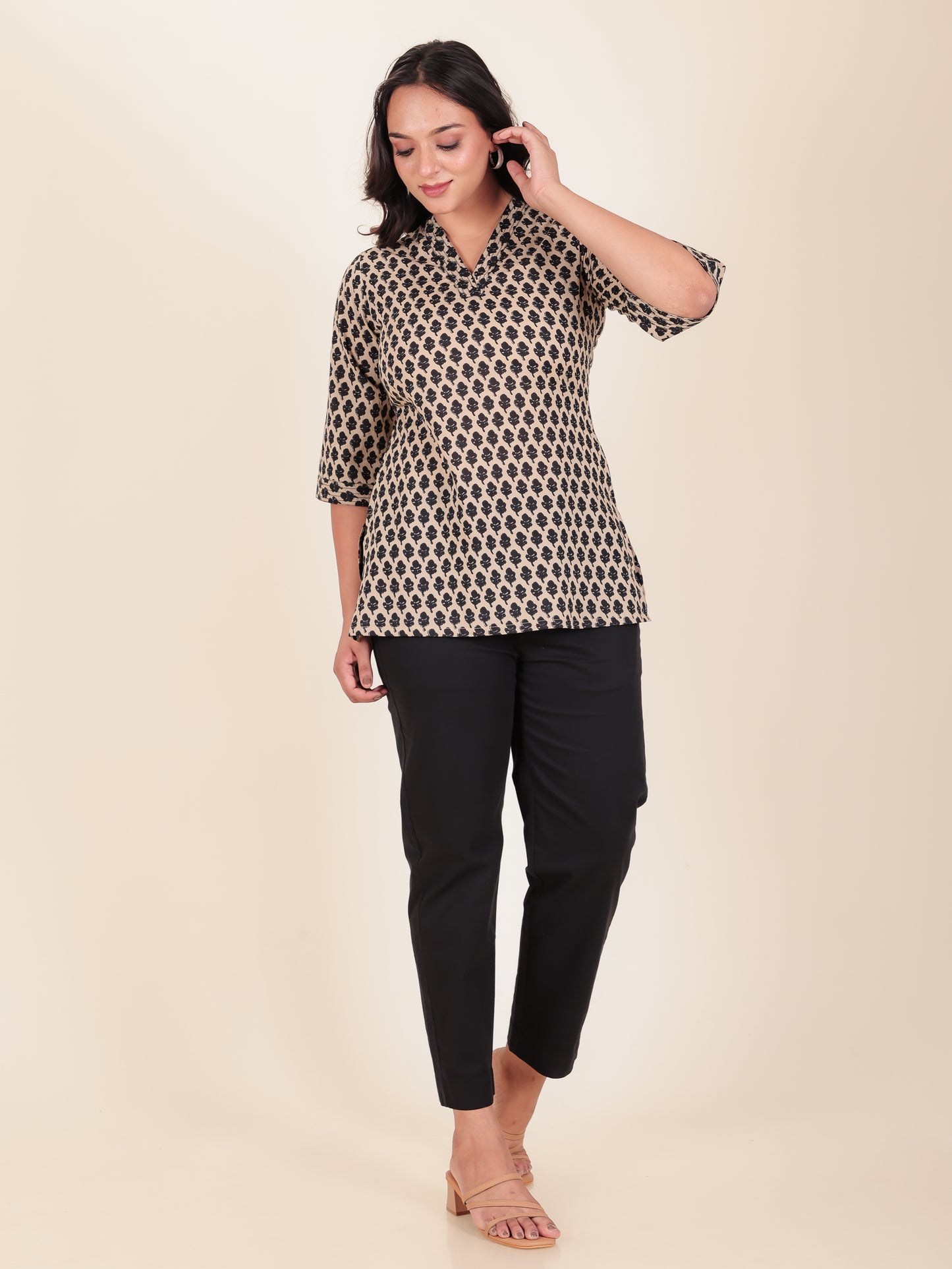 Soft Cotton Block Straight Beige Kurti