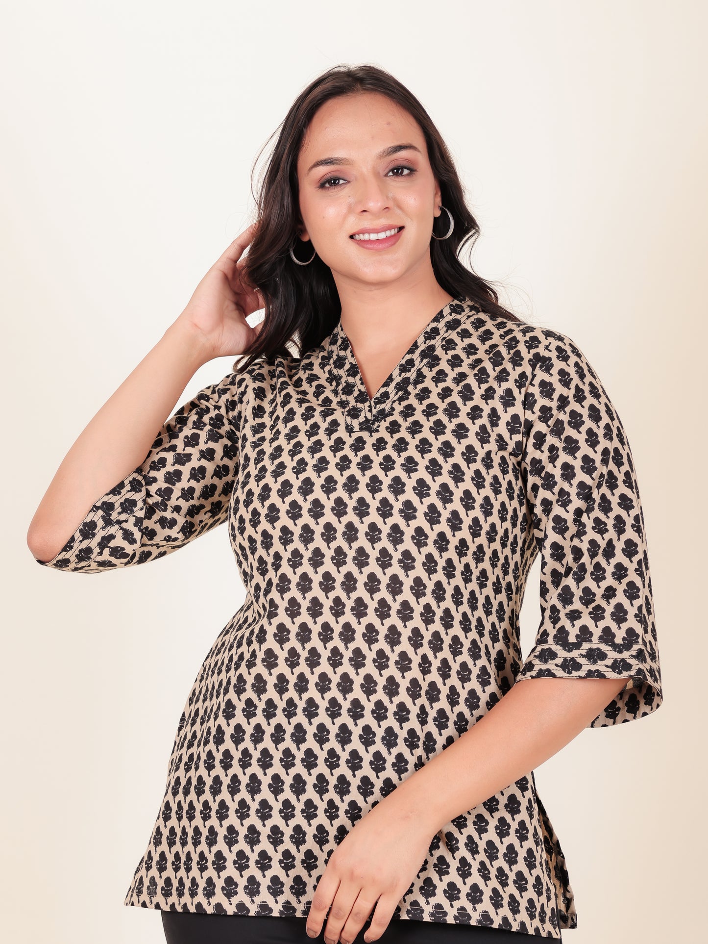 Soft Cotton Block Straight Beige Kurti