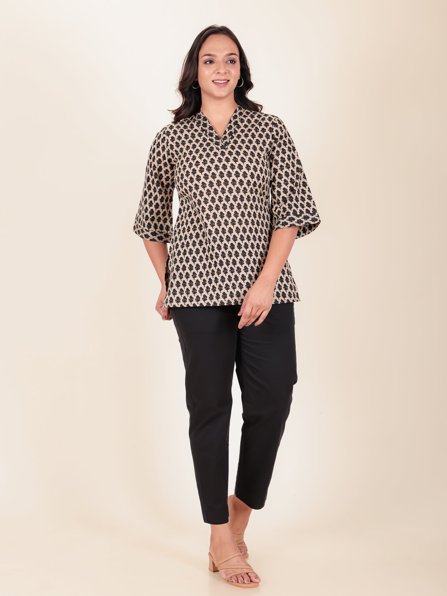 Soft Cotton Block Straight Beige Kurti