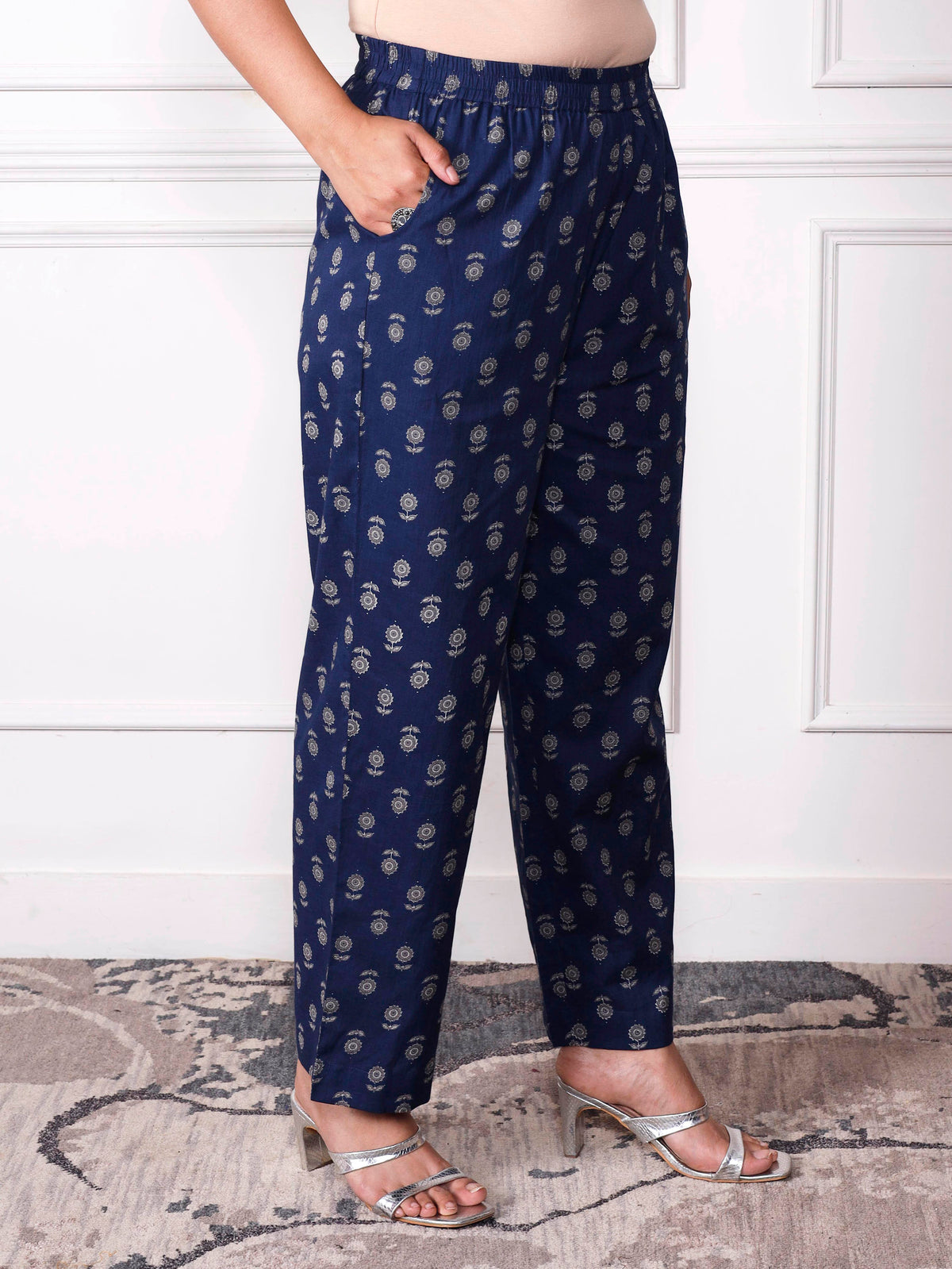 Soft Cotton Butta Indigo Blue Straight Trousers