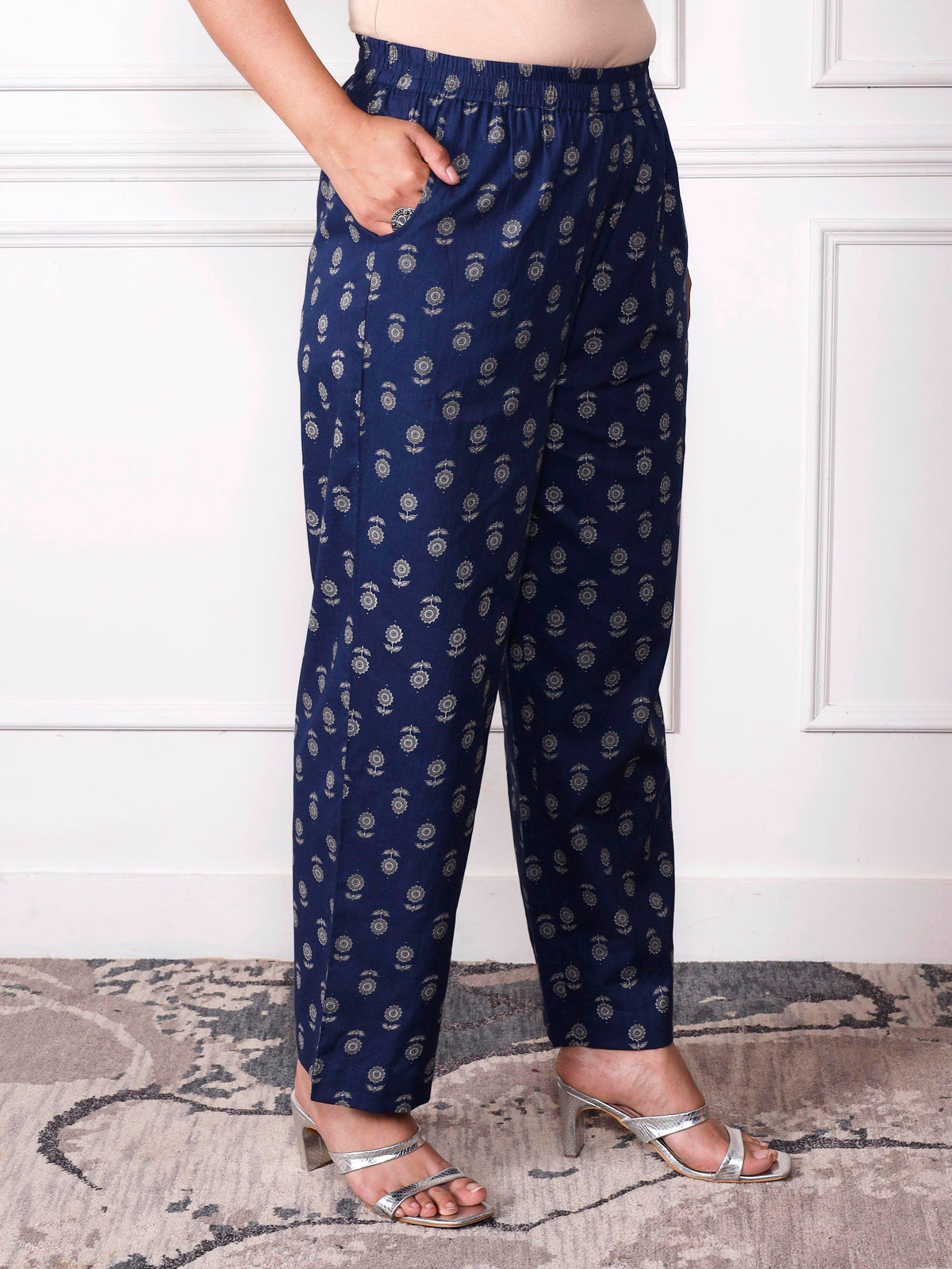 Soft Cotton Butta Indigo Blue Straight Trousers