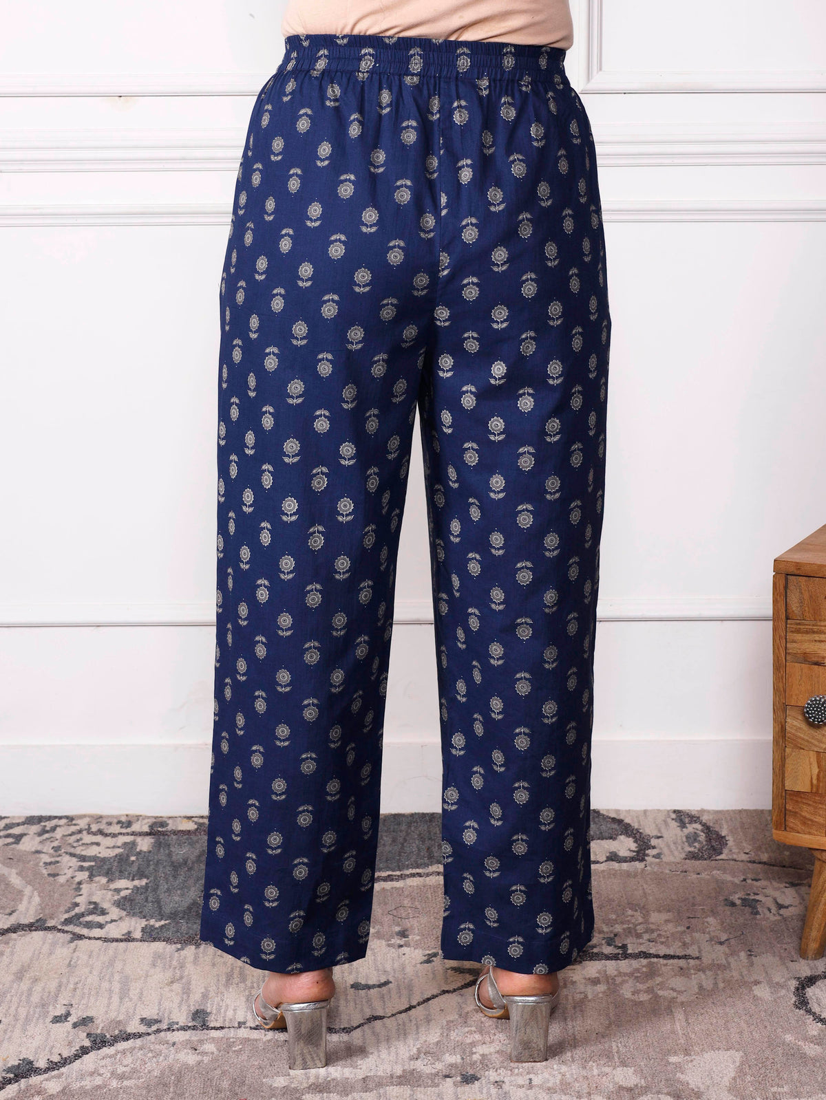 Soft Cotton Butta Indigo Blue Straight Trousers
