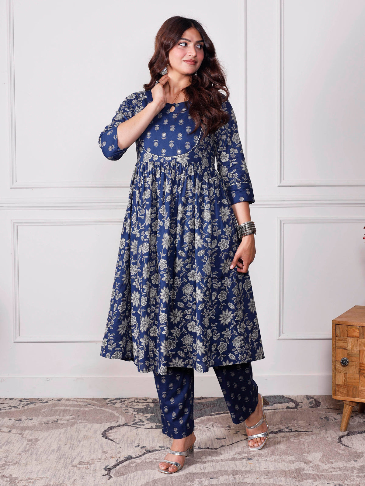 Embroidered Soft Cotton Jaal Flared Indigo Blue Kurta