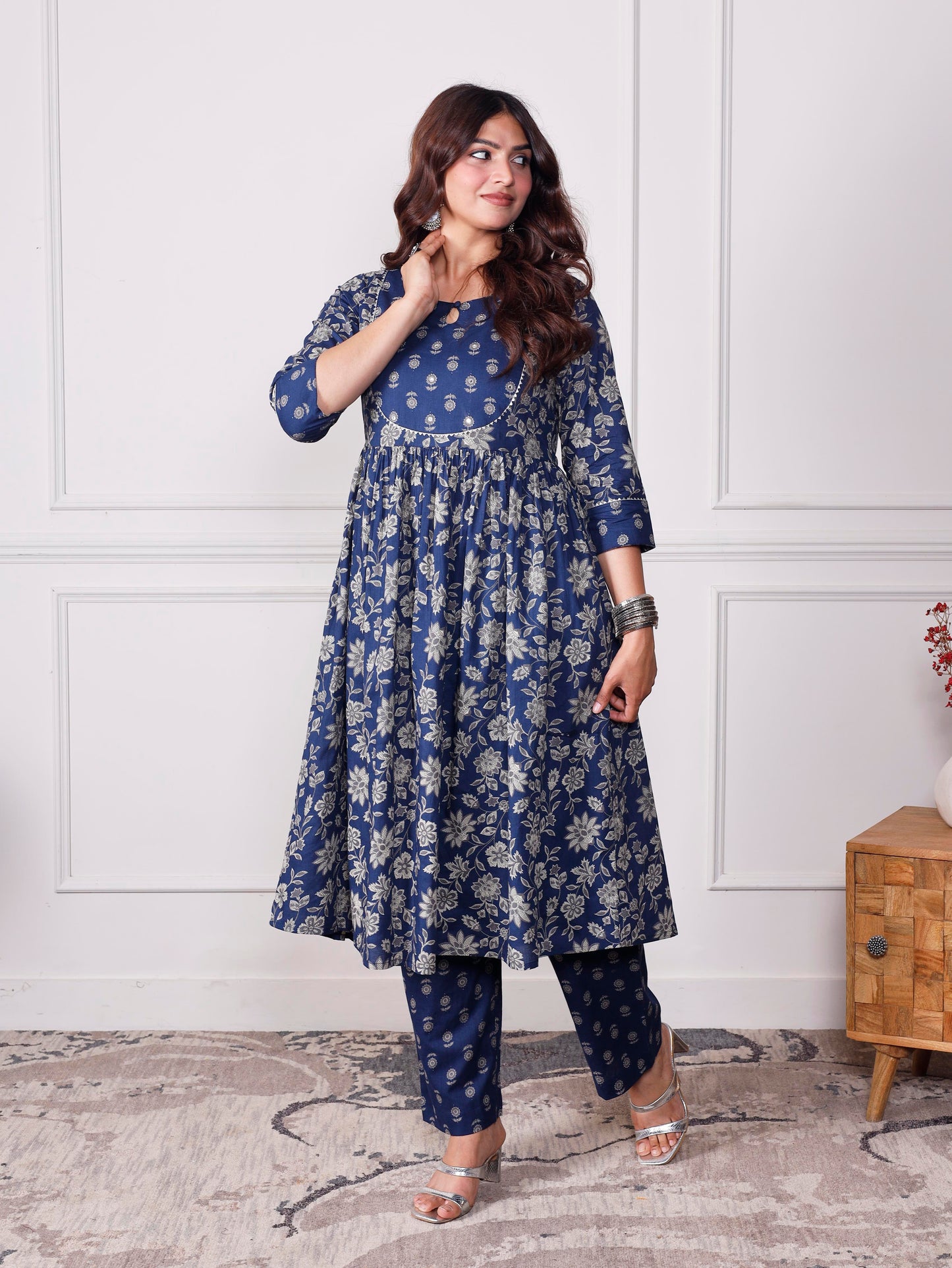 Embroidered Soft cotton Jaal Flared Indigo blue Kurta