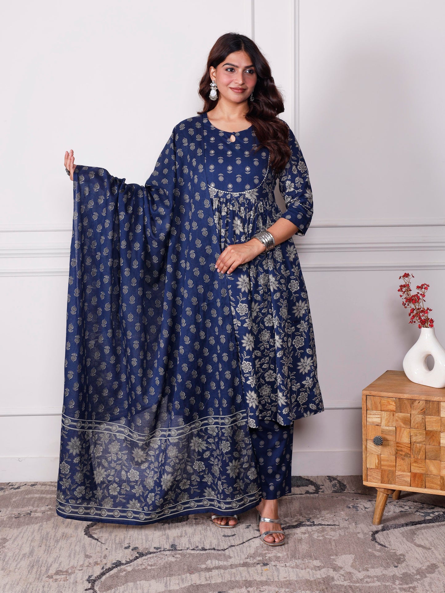 Embroidered Soft cotton Jaal Flared Indigo blue Kurta