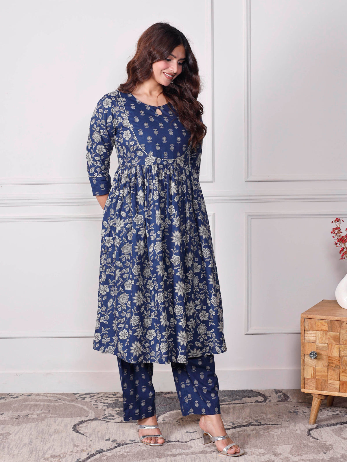 Embroidered Soft Cotton Jaal Flared Indigo Blue Kurta