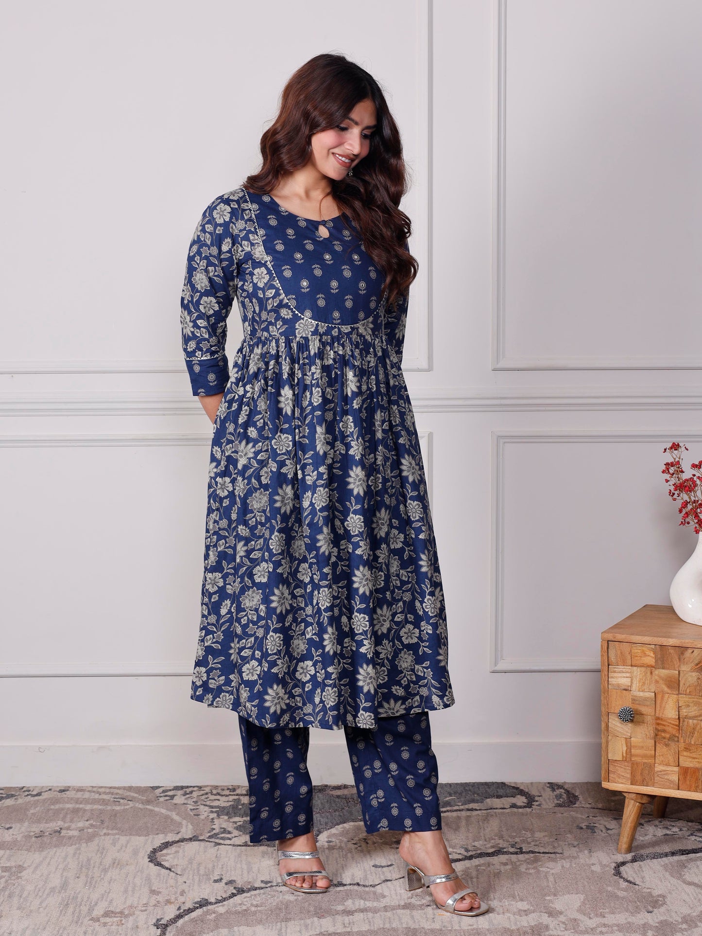 Embroidered Soft cotton Jaal Flared Indigo blue Kurta
