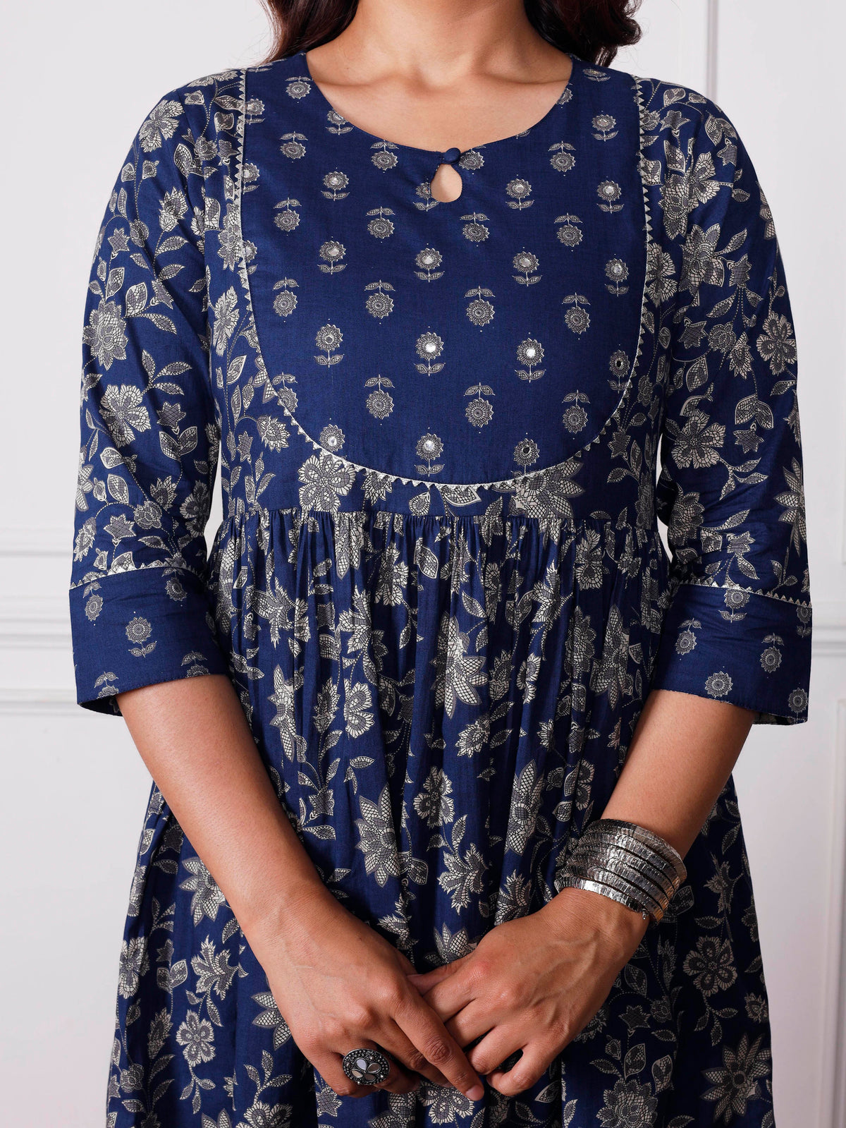 Embroidered Soft Cotton Jaal Flared Indigo Blue Kurta