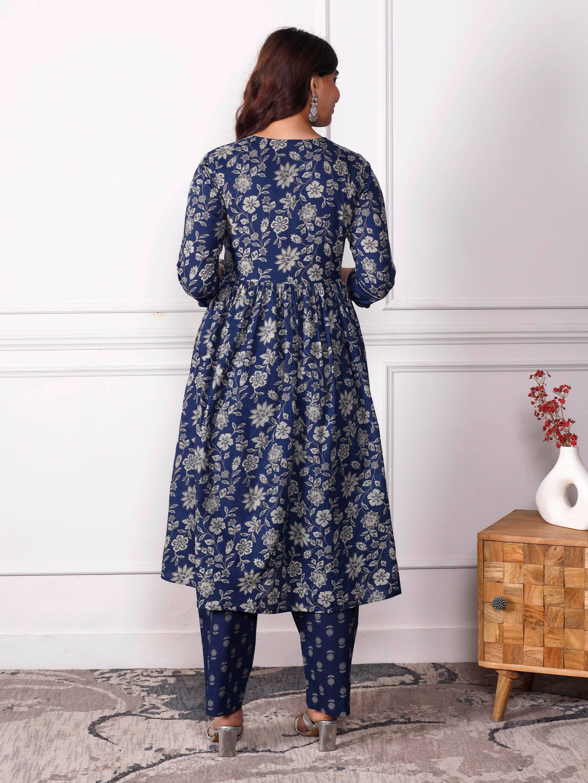 Embroidered Soft Cotton Jaal Flared Indigo Blue Kurta