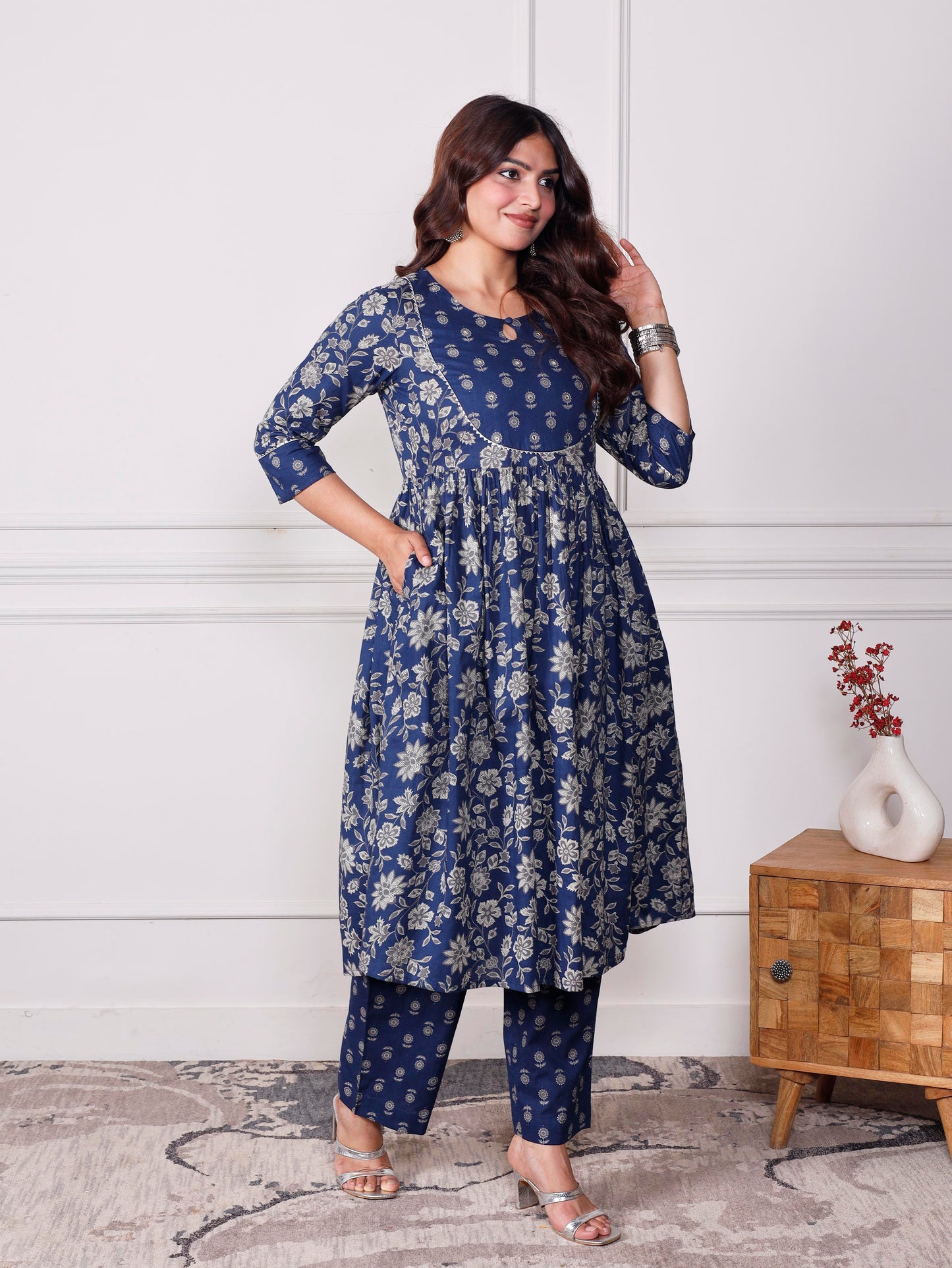 Embroidered Soft cotton Jaal Flared Indigo blue Kurta