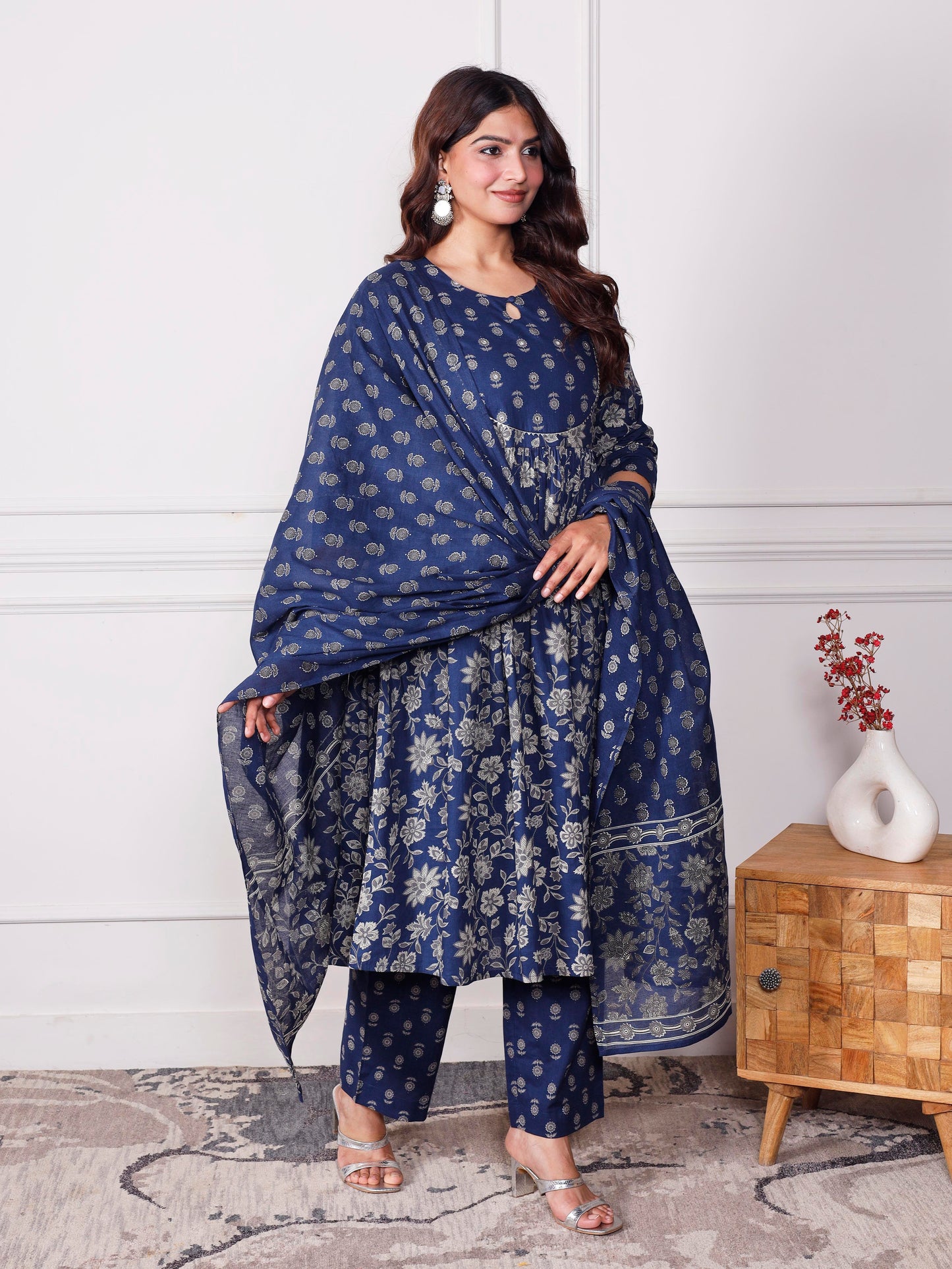 Embroidered Soft cotton Jaal Flared Indigo blue Kurta