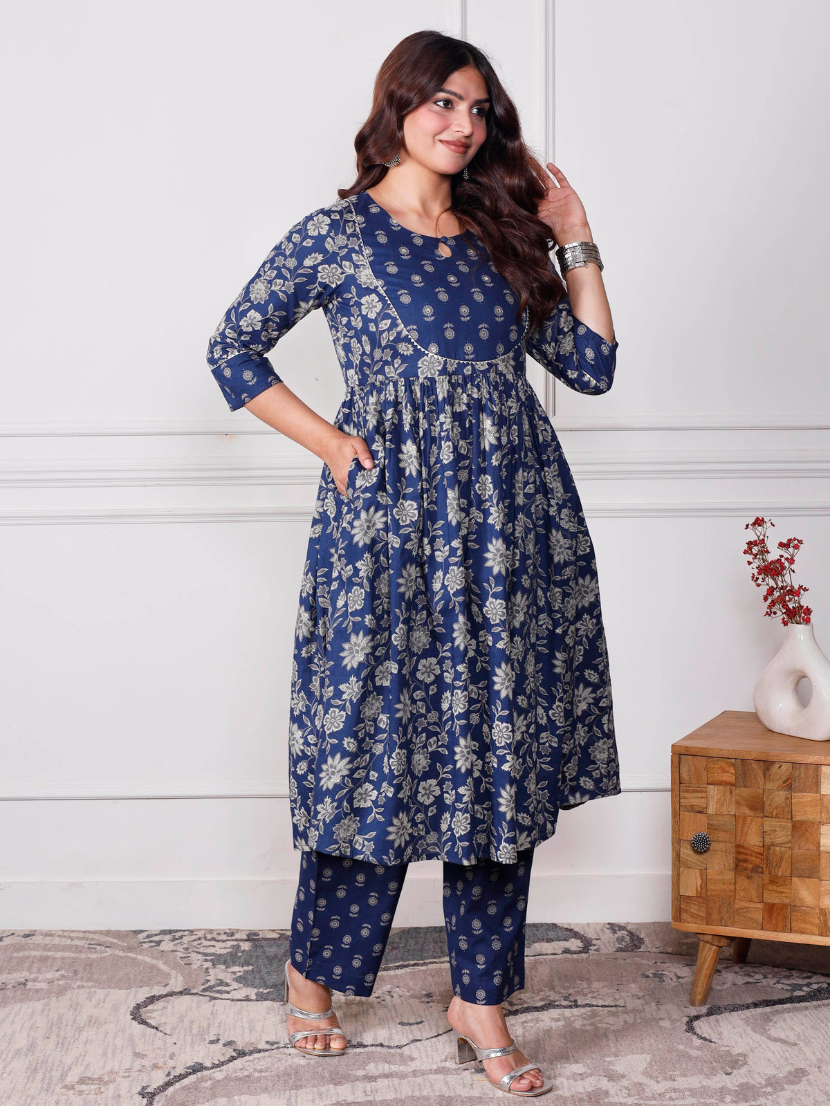 Embroidered Soft Cotton Jaal Flared Indigo Blue Kurta