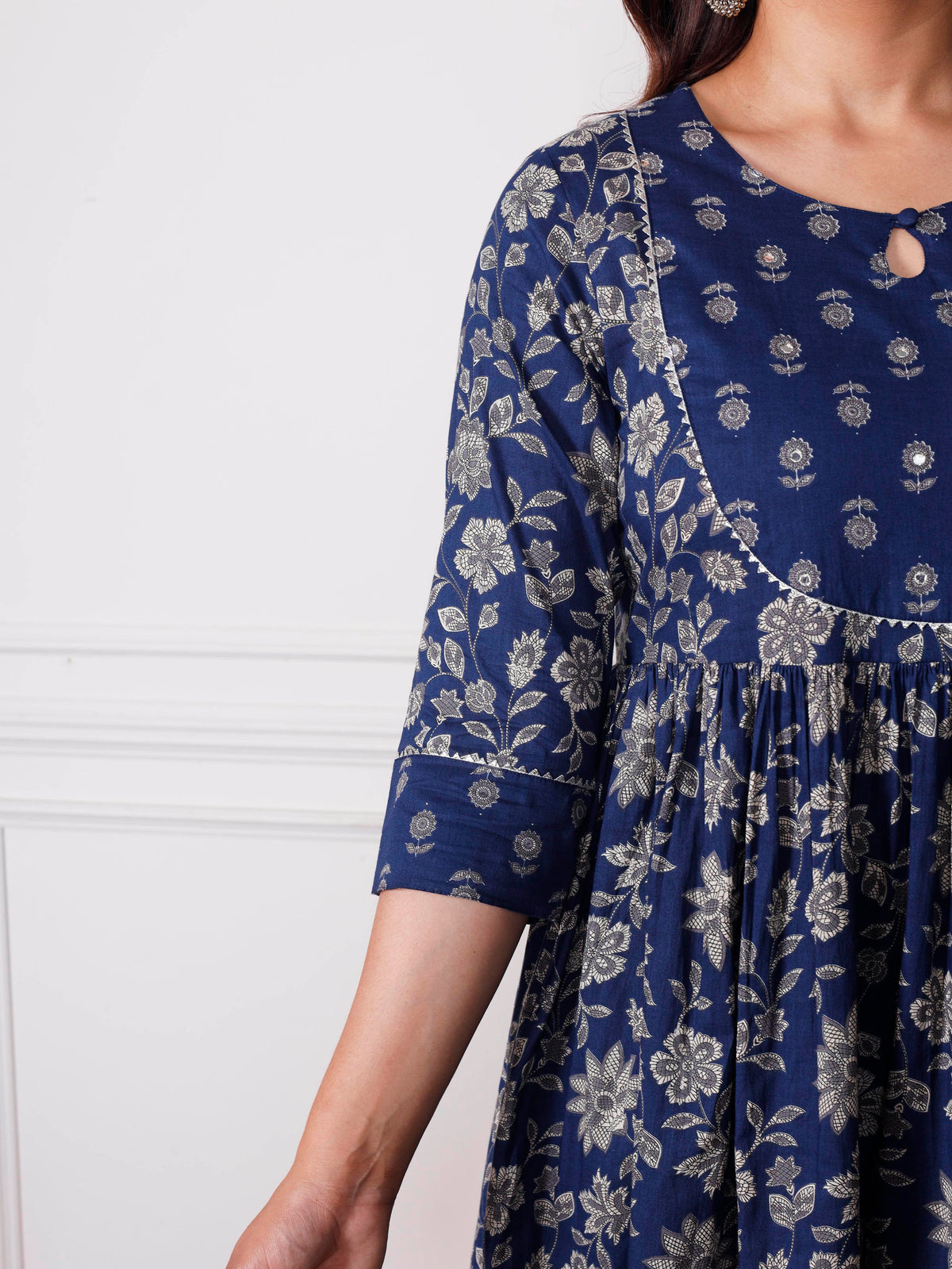 Embroidered Soft Cotton Jaal Flared Indigo Blue Kurta