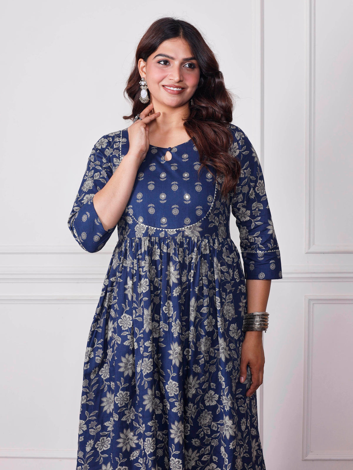 Embroidered Soft Cotton Jaal Flared Indigo Blue Kurta