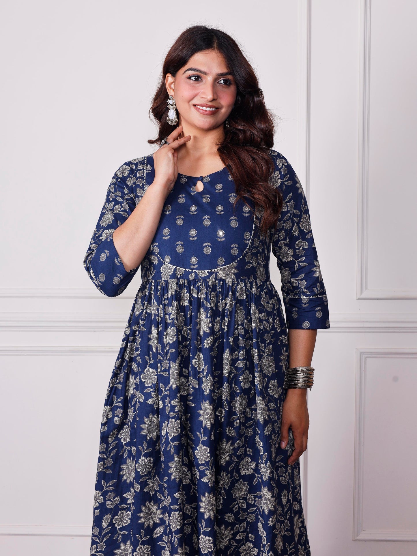 Embroidered Soft cotton Jaal Flared Indigo blue Kurta