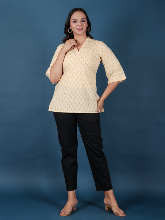 Soft Cotton Floral Straight Cream Kurti
