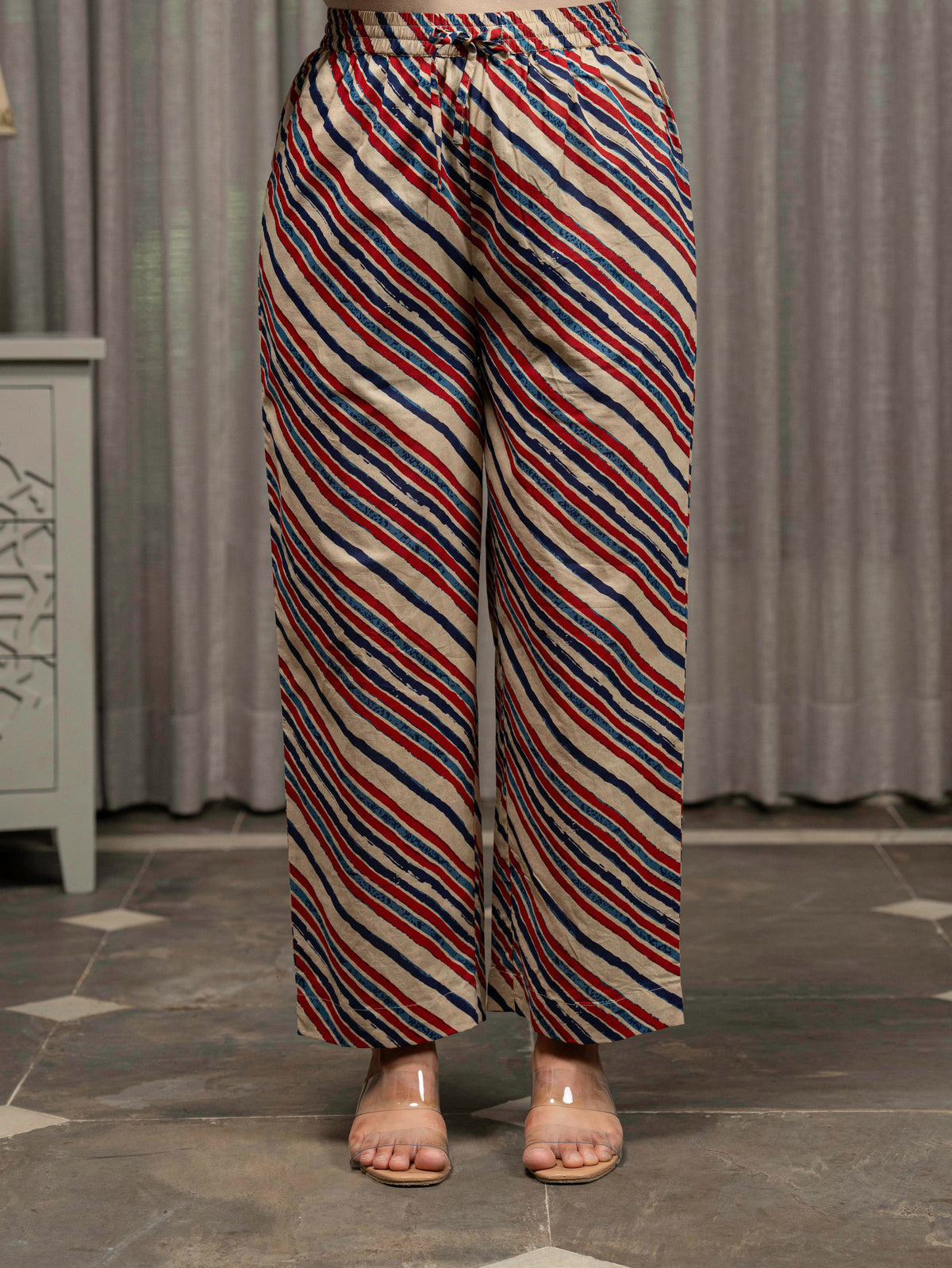 Soft Cotton Striped Beige Straight Trousers