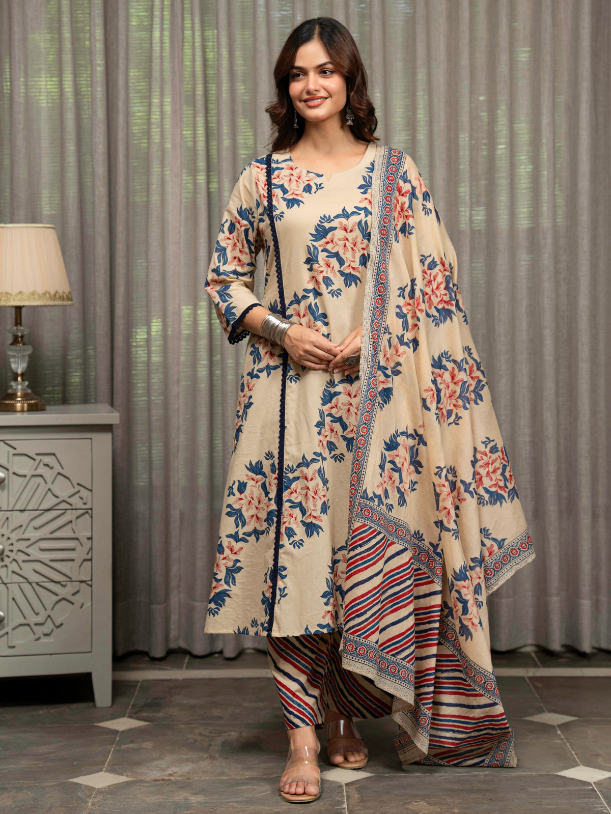 Cotton Voile Floral Beige Dupatta