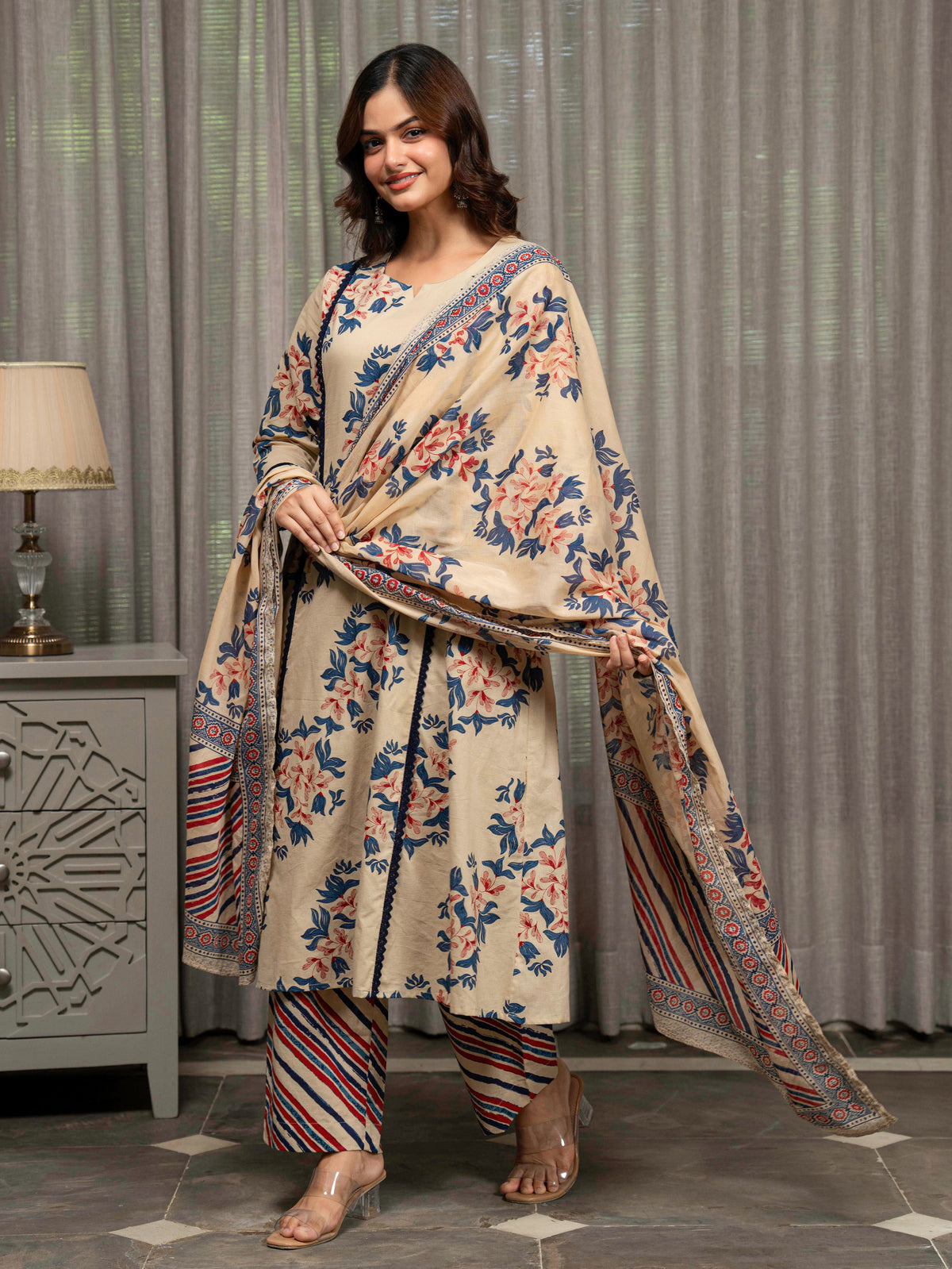Cotton Voile Floral Beige Dupatta