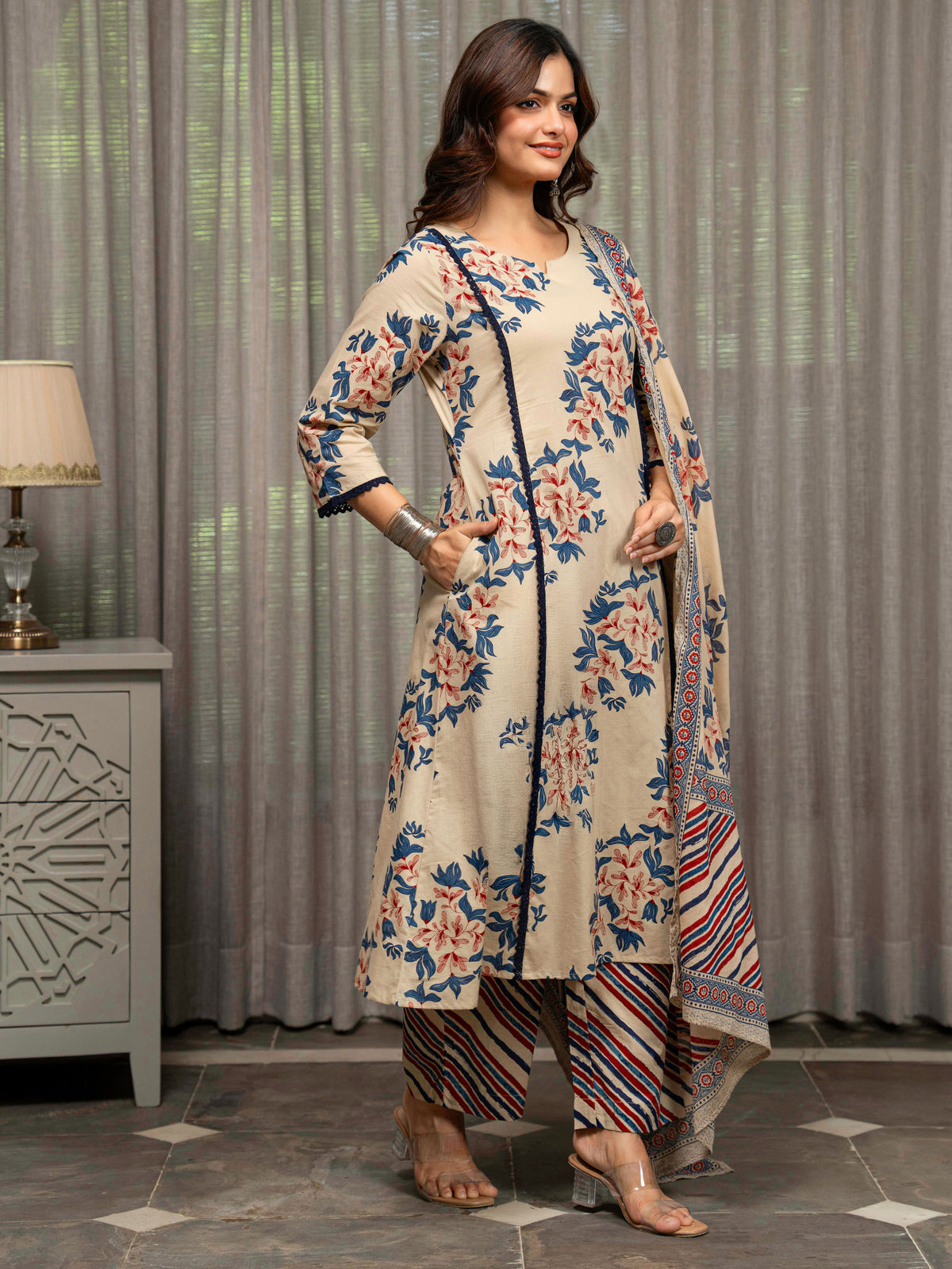 Soft Cotton Floral Flared Beige Kurta