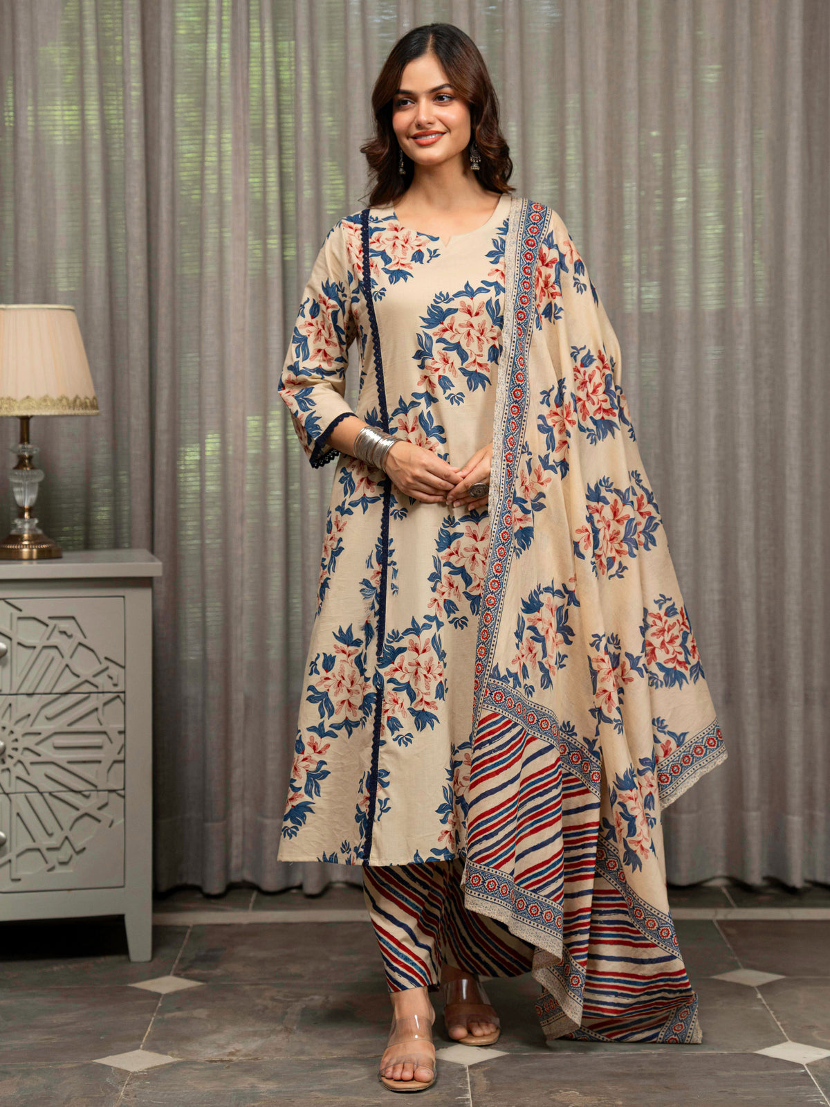 Soft Cotton Floral Flared Beige Kurta