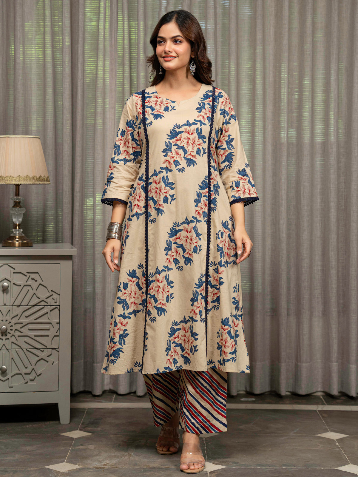 Soft Cotton Floral Flared Beige Kurta