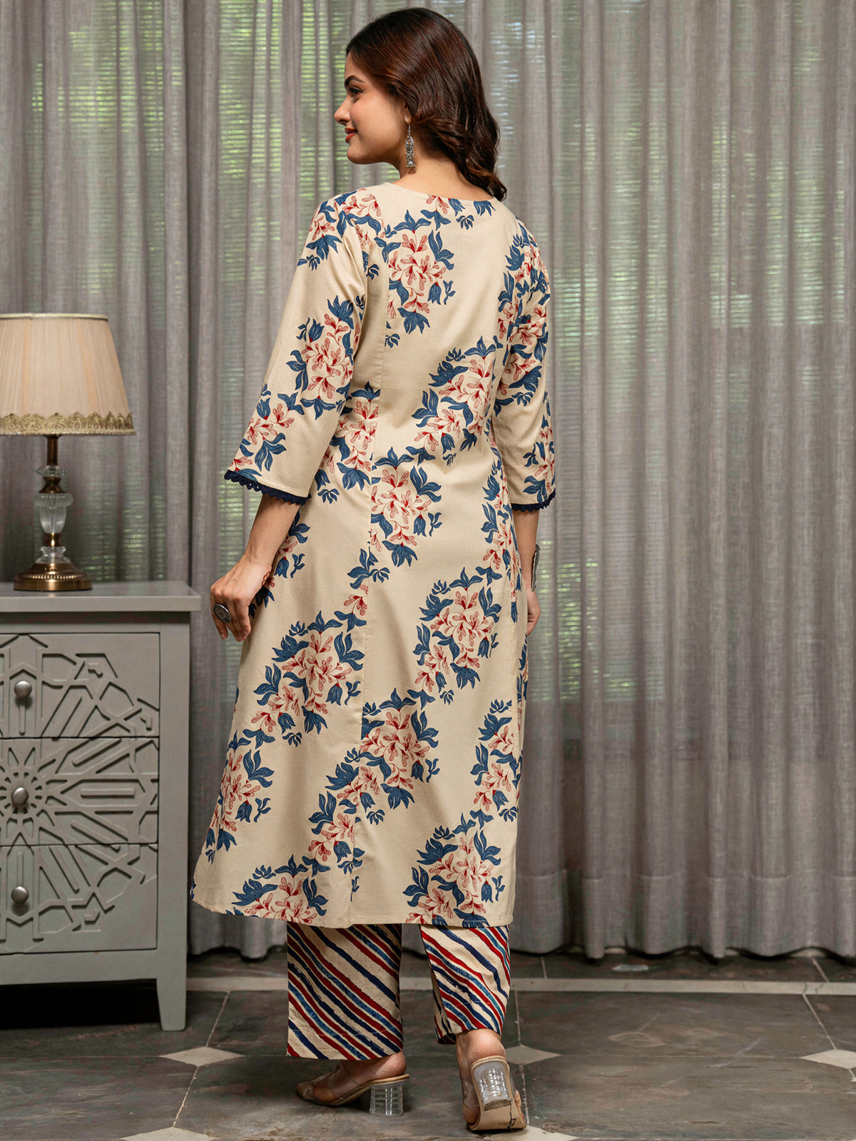 Soft Cotton Floral Flared Beige Kurta
