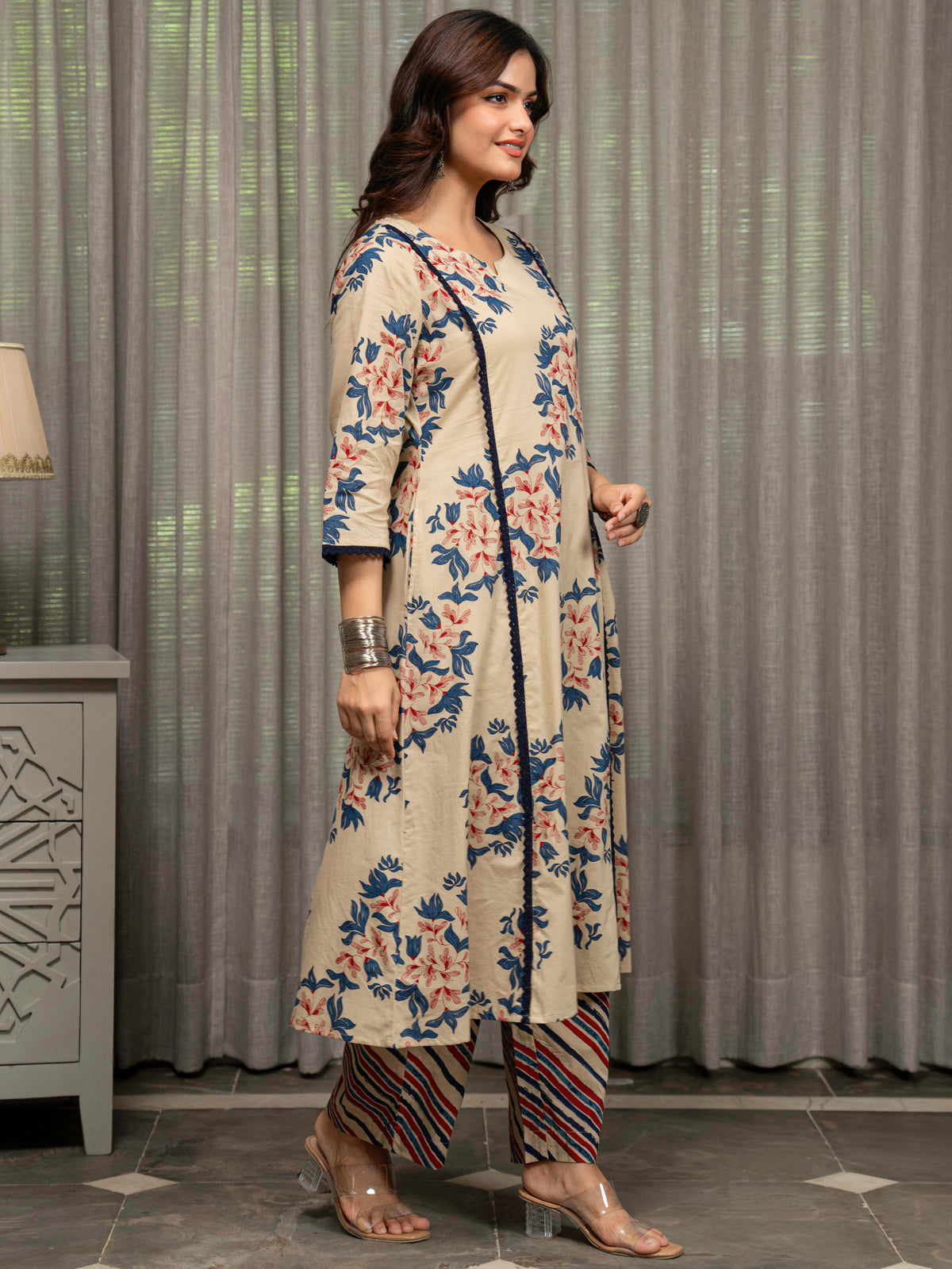 Soft Cotton Floral Flared Beige Kurta
