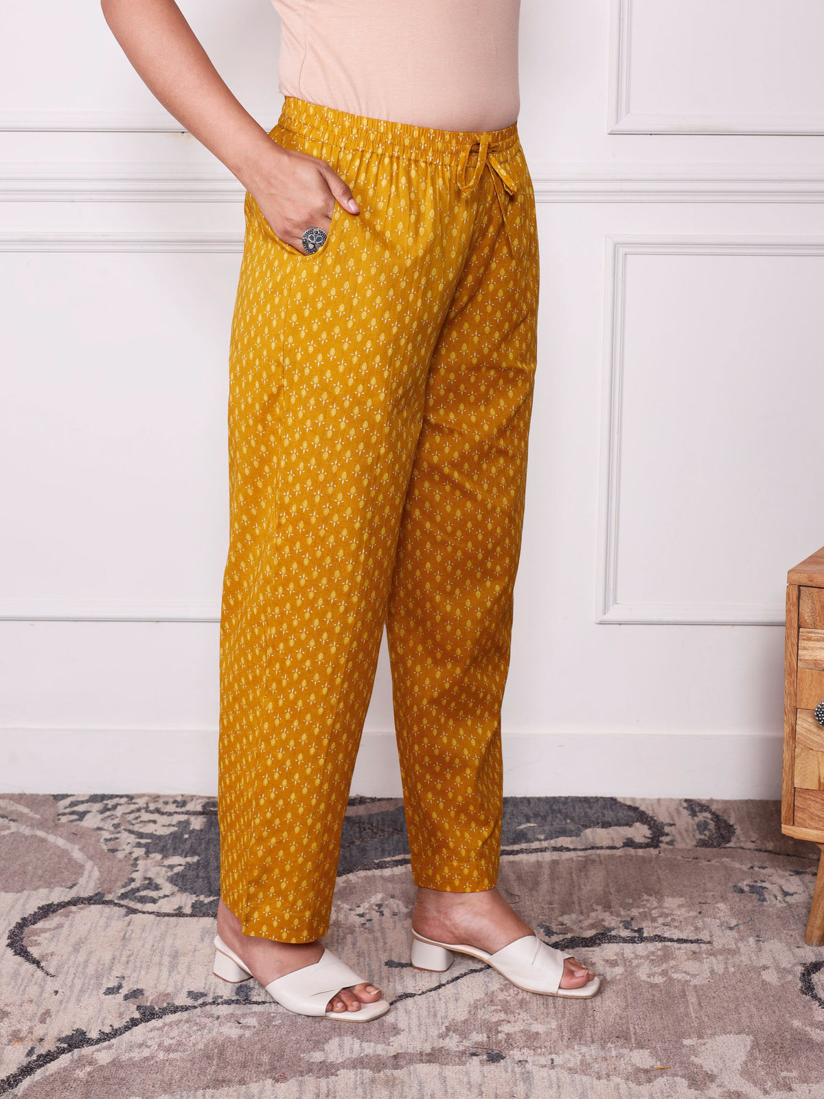Soft Cotton Butti Mustard Straight Trousers