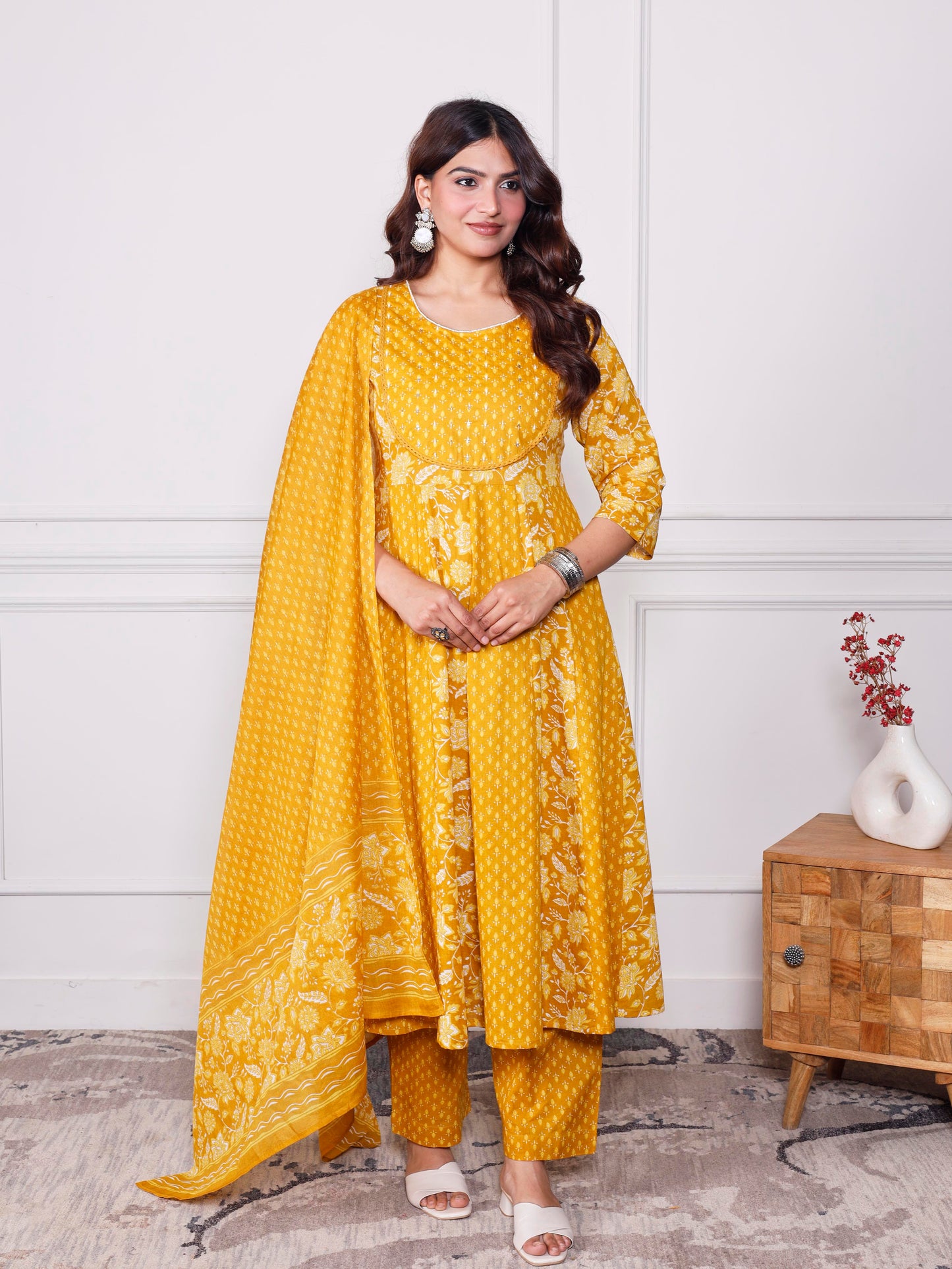 Cotton voile Floral Dupatta Mustard Dupatta